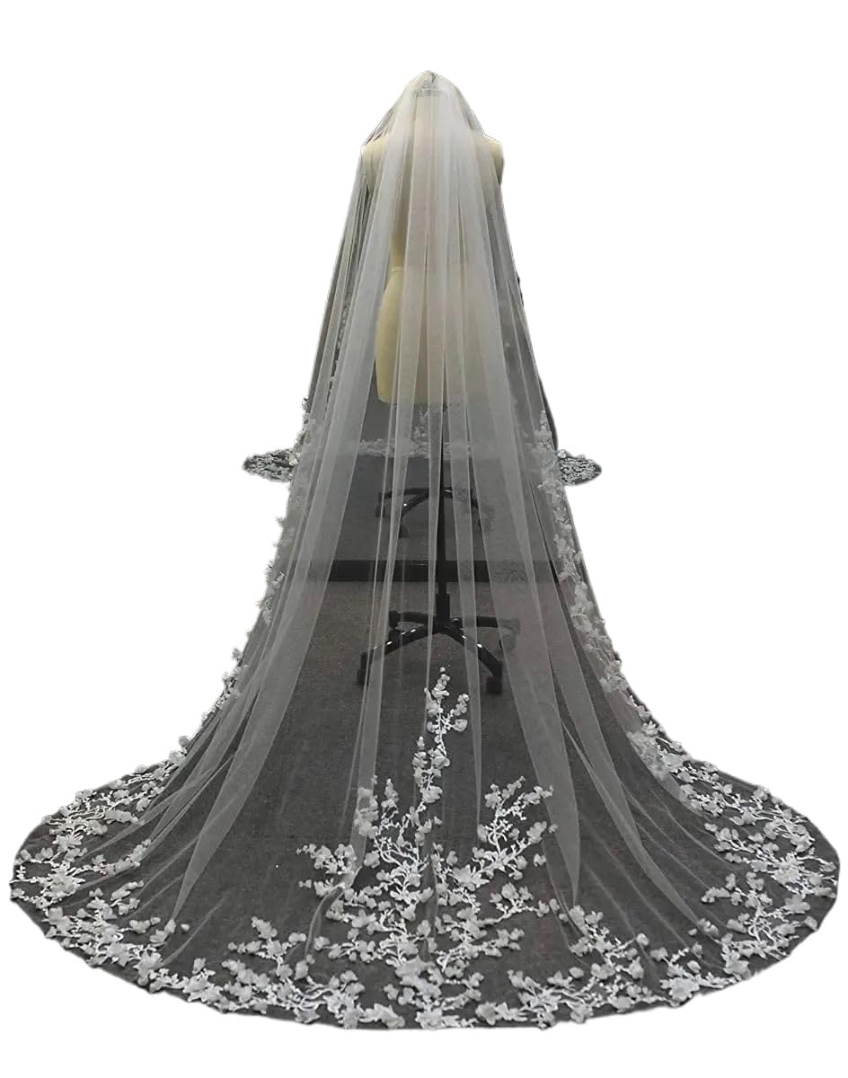 ROMDANTY Long Cathedral Wedding Veil with Lace Edge, 3D Floral Petals Bridal Veil, Custom Bride Veil with Comb, Perfect for Wedding Ceremony, Elegant Occasions
