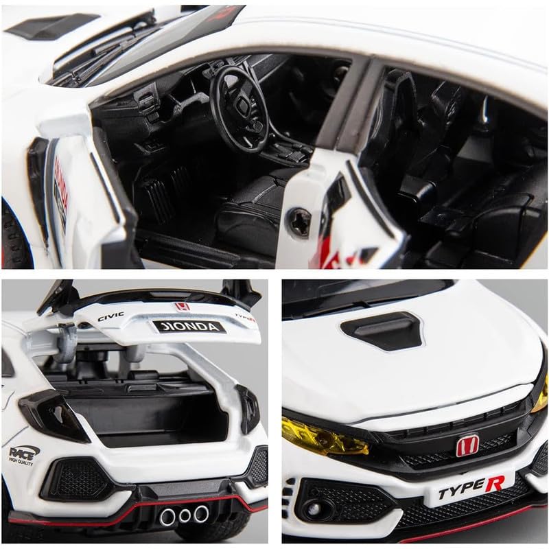 Image of Kids Model 1:32 Civic Type R Die Cast Metal Car Pull Back Action Opening Doors with Realistic Engine Sound Lights Toy Car Gift for Boys - White