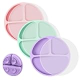 Toddler Plates, 3 Pcs Silicone Baby Plates, BPA Free Suction Plates with Lids for Babies and Toddlers, Suction Plate Feature, Divided Plate Design,Toddler Plate Microwave&Dishwasher Safe