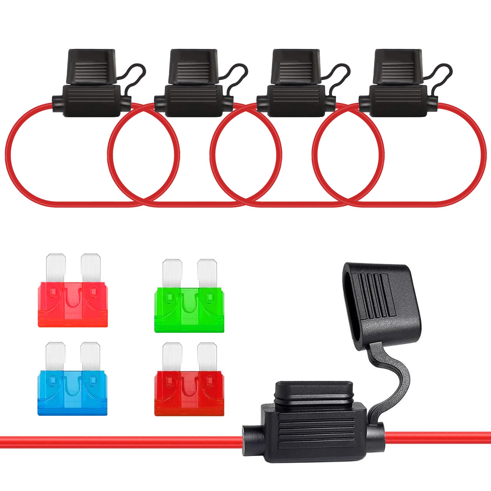 ALLECIN 10AWG Fuse Holder Waterproof 32V Inline Blade Fuses Holders Wire with 10A 15A 30A 40A Standard Car Fuses (Pack of 4 Pcs)