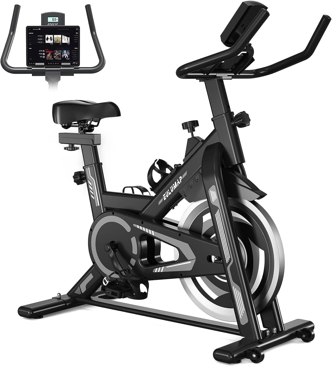 Exercise Bike - Indoor Cycling Bike for Home Gym with Comfortable Seat Cushion,Tablet Holder and LCD Monitor,Silent Belt Drive, Flywheel Smooth Quiet