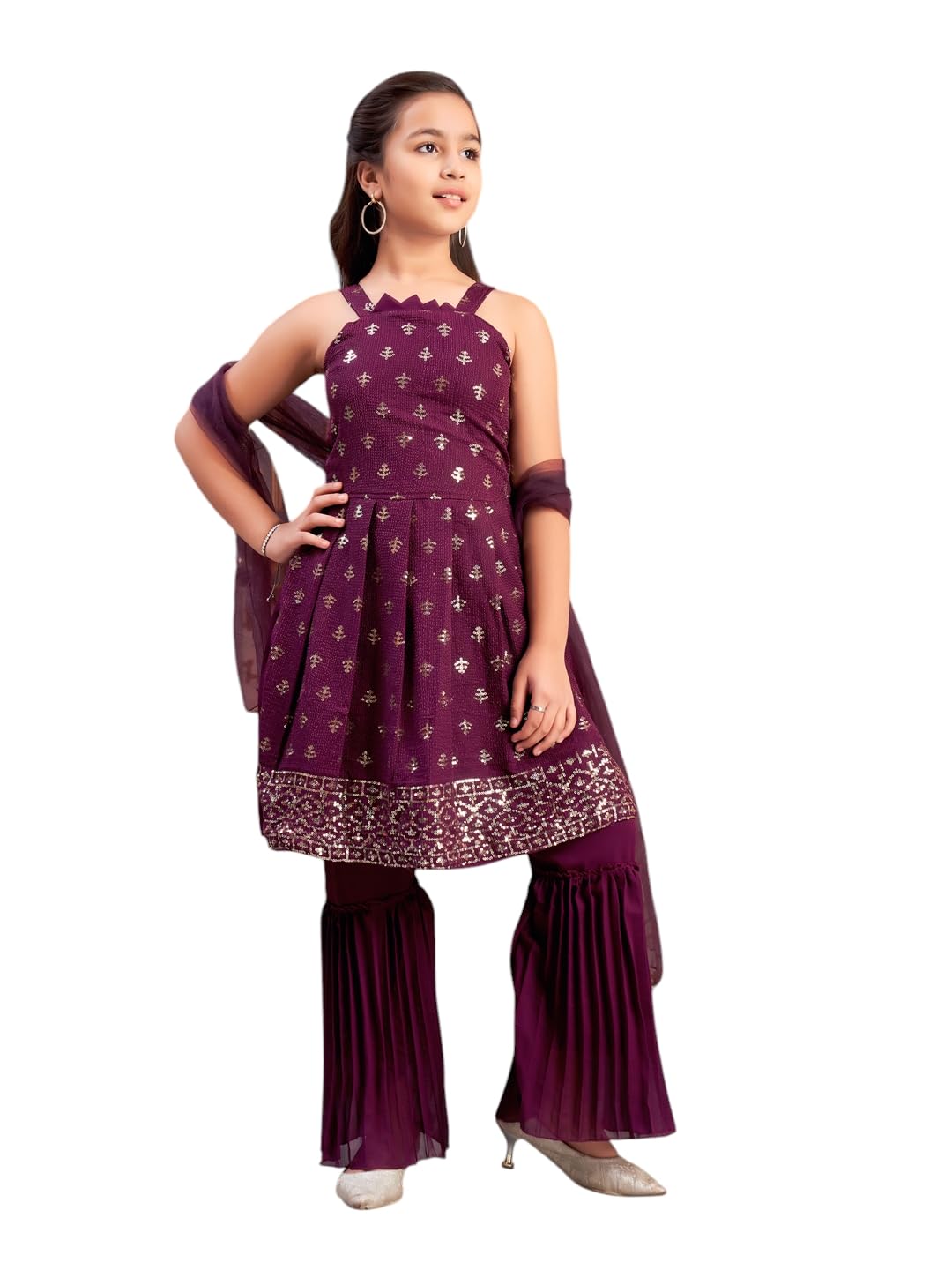 Aarika Girls Ethnic Wear Wine Colour Sequin Embroidery Georgette Kurta Sharara Set With Dupatta-3-13 Years (Sh-Shm-5002)