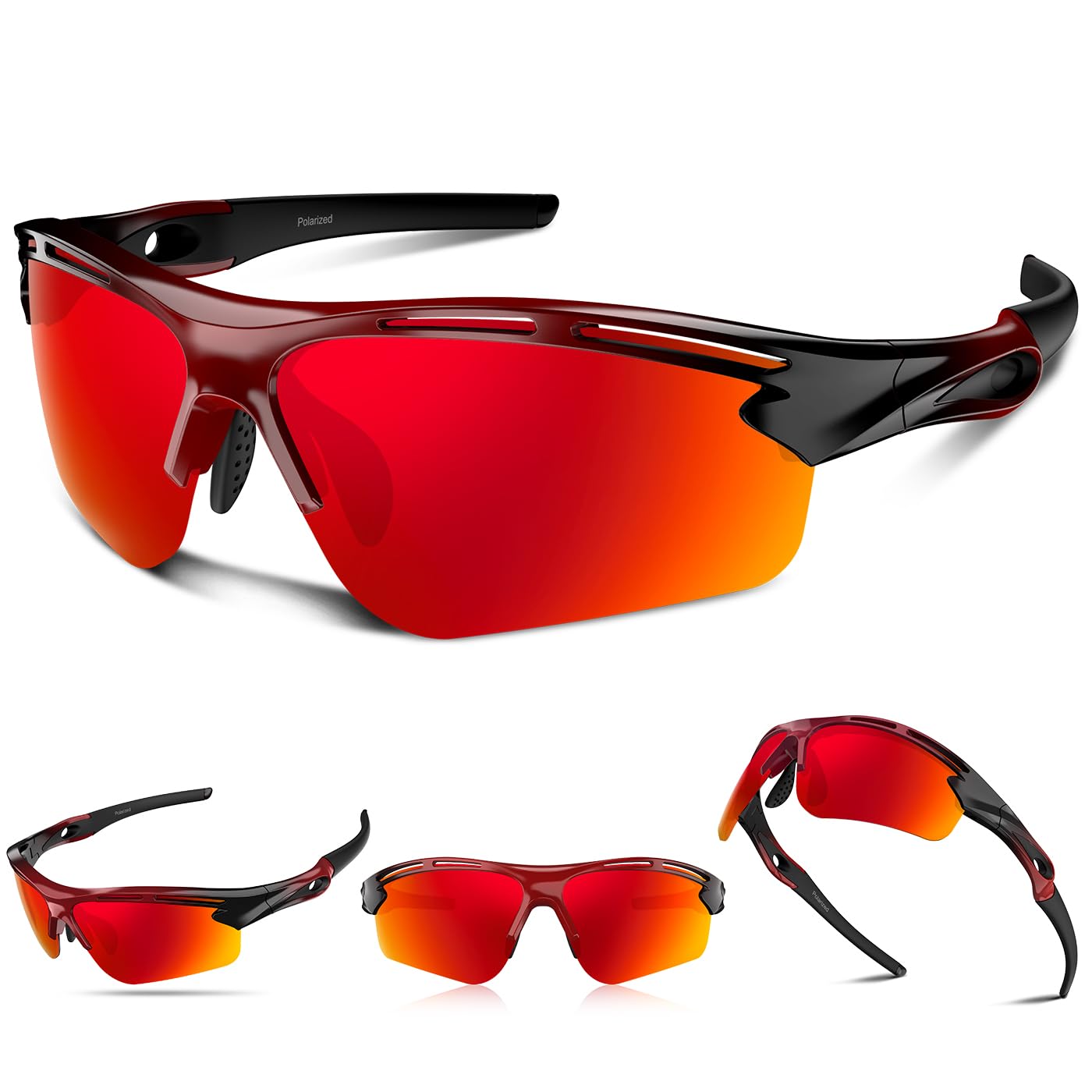 Polarized Sports Sunglasses for Men Women UV400 Protection for Running Cycling Fishing Hiking TR90, Red Black, One Size