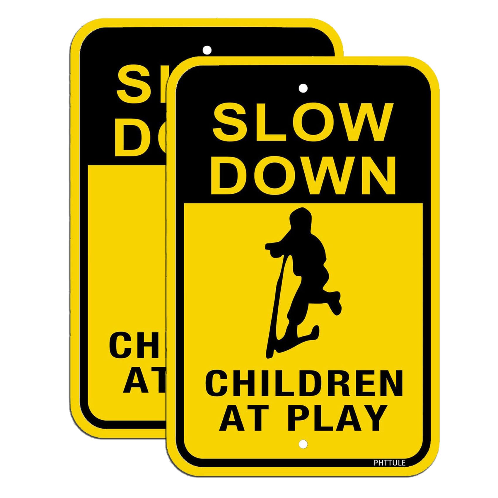 PHTTULE Slow Down Children at Play Sign 2 Pack, 12" x 18" Metal Slow Kids Playing Sign Rust Free Heavy Duty .040 Reflective Aluminum, Fade Resistant