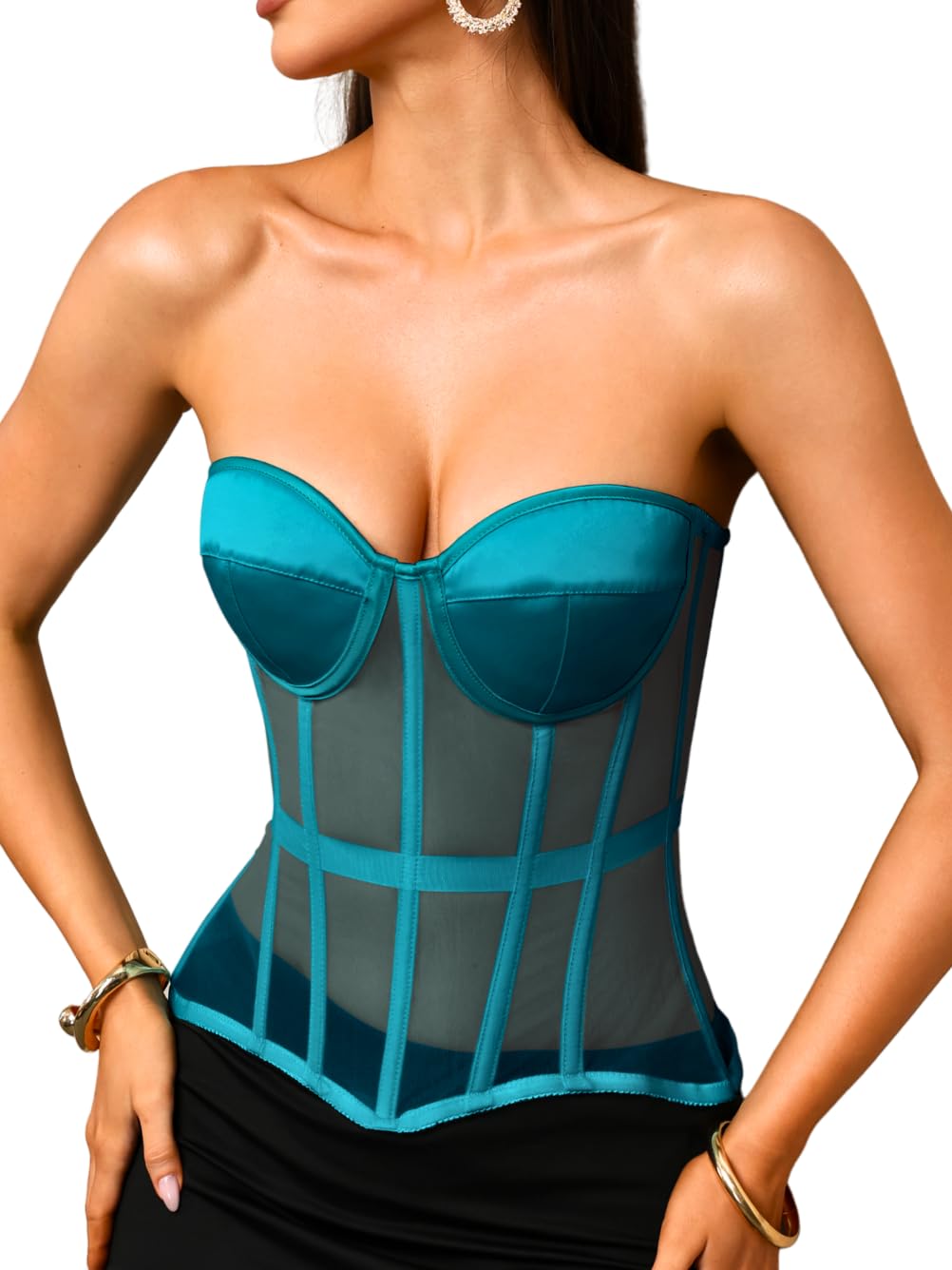 Kaei&amp;Shi Women's Strapless Mesh Corset Top, Padded Lace-Up Bustier