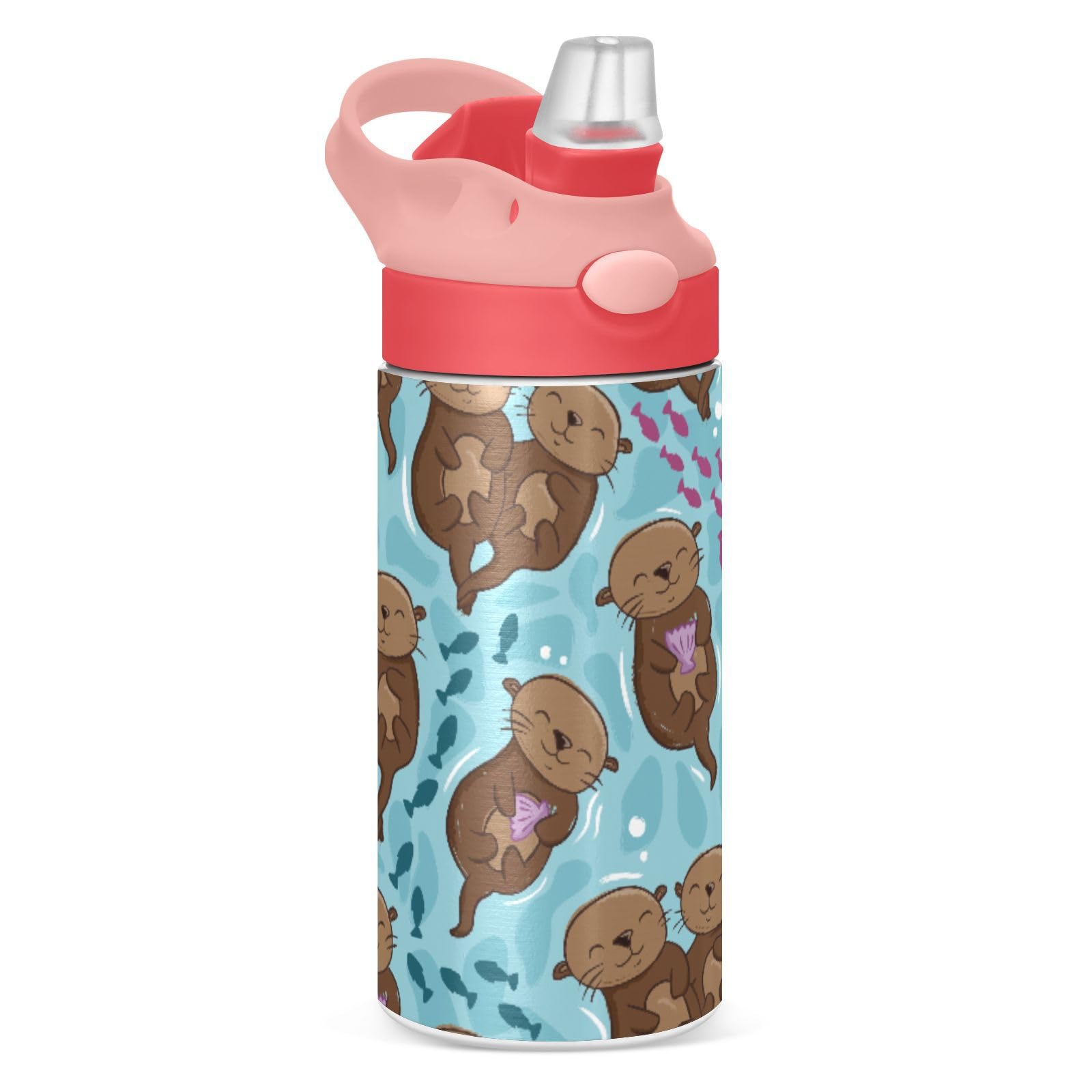 Mnsruu Cute Otters Fish Kids Water Bottle with Straw Insulated Stainless Steel Drink Bottle for Girls School 350ml Leakproof Vacuum Hot Cold Water Flask