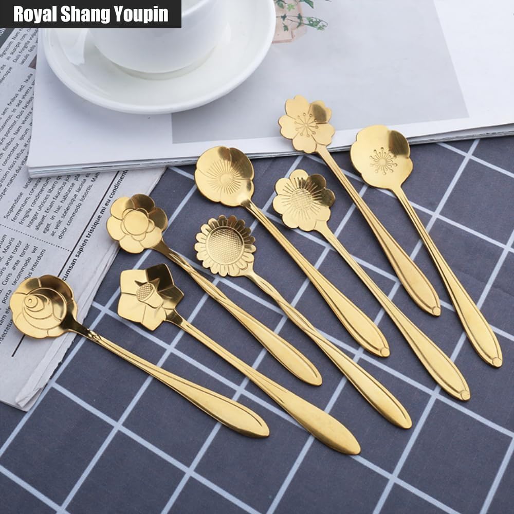 Flower Spoon Kitchen Stainless Steel Silverware Tableware Flatware Cutlery Set Cute Cherry Blossom Long-handled Coffee Stirring Spoon To Accompany The Gift (Gold,4 pieces)