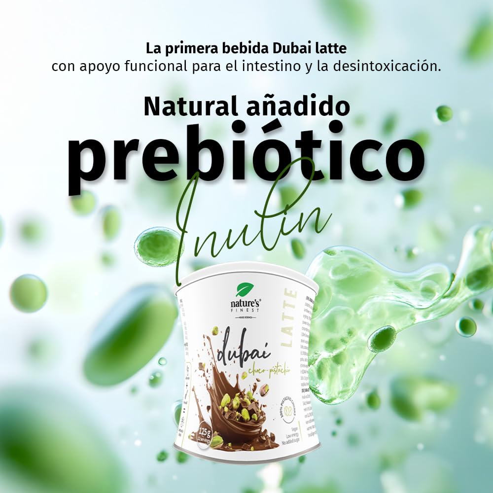 Nature's Finest Dubai Latte Mix con Pistacho, Cacao, Inulina y Clorella, 125 g - Bebida Vegana sin Azúcar Añadido - Apoyo Digestivo y Detox Natural - Bajo en Calorías, Apto para Dietas Keto y Low Carb