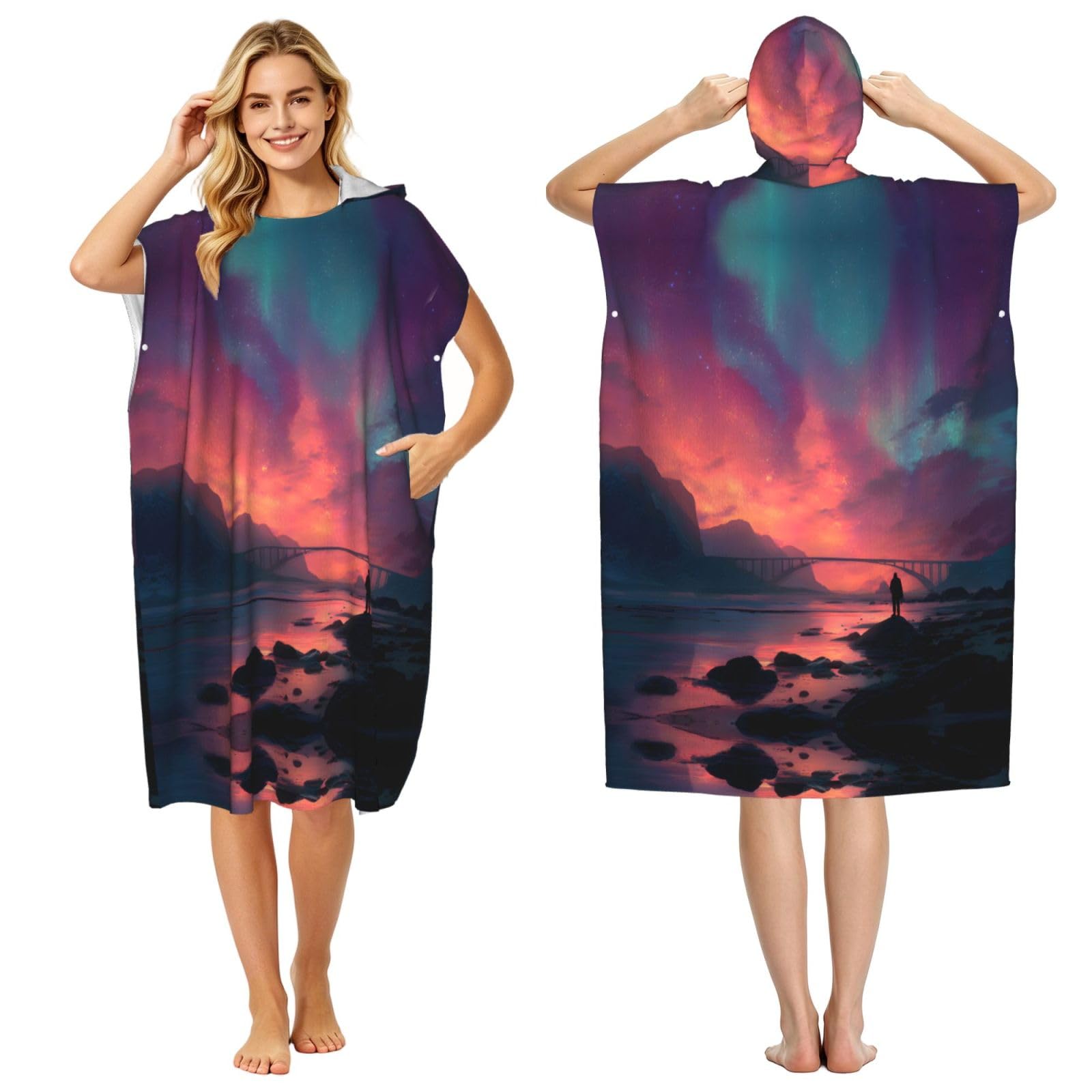 Peignoir à capuche pour adultes femmes et hommes imprimé coucher de soleil