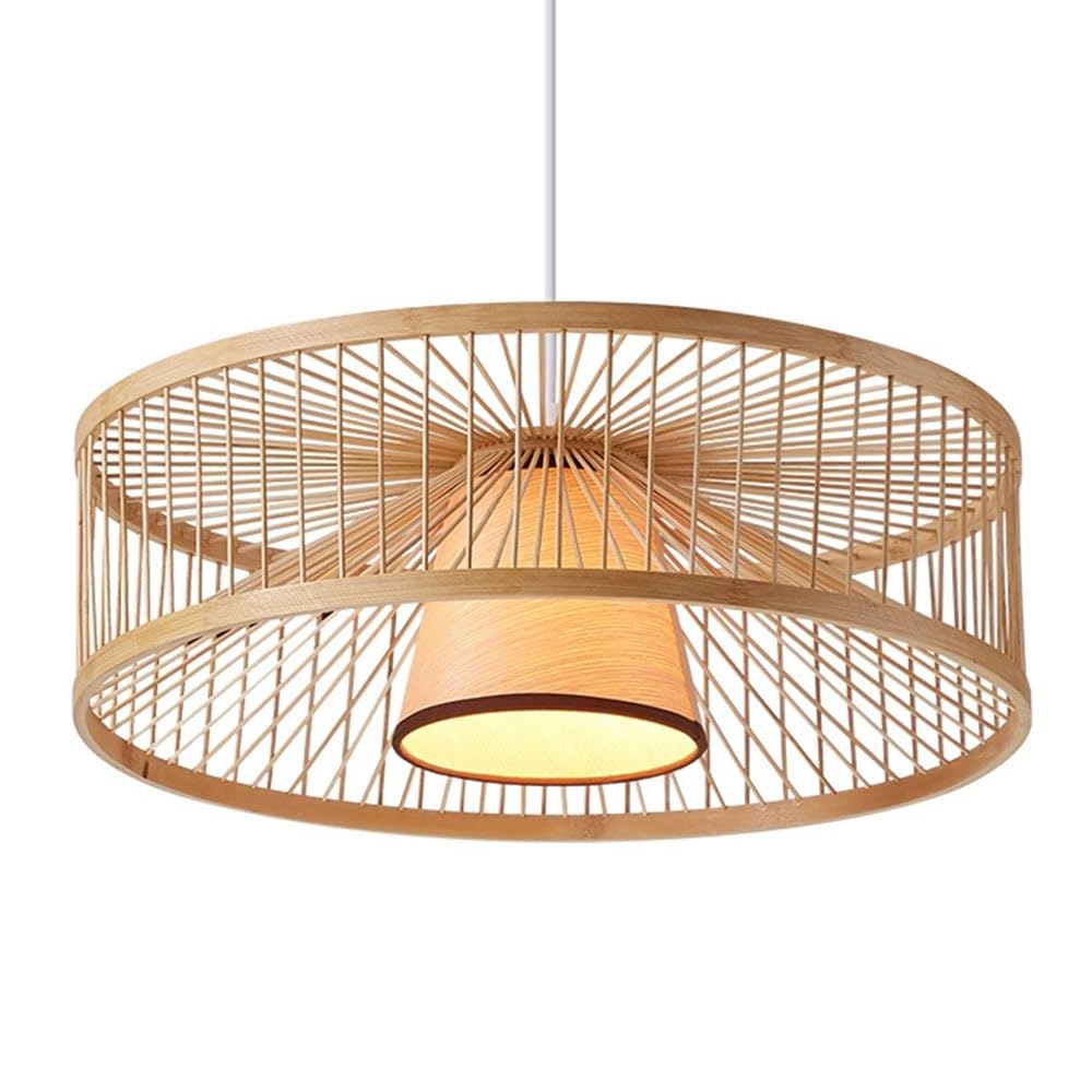 LQZCXMF Boho Round Handmade Pendant Light, Natural Bamboo Wicker Lantern Multi-Layer Chandelier with Wood Veneer Accent Shade E26 Socket for Hotels, Restaurant Natural Bamboo Art Lighting Fixture