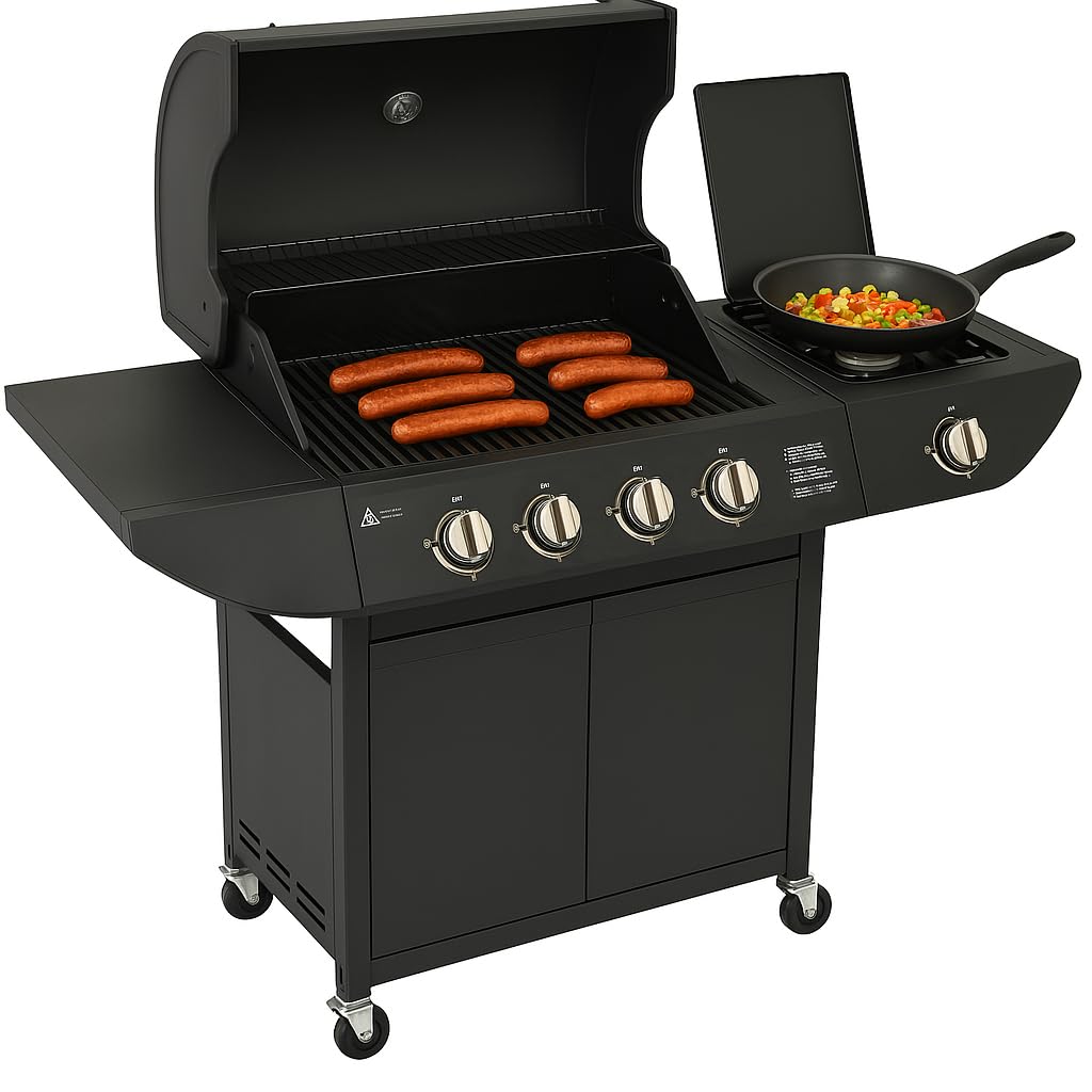 Touch Of Venetian Black Campfire Original Barbecue Bbq 5 Gas Burner 4+1 Garden Grill, Steel Warming Rack, Side-Burner, Storage & Built-In Temperature Gauge For Home Garden Party Outdoor Cooking, Wheels, Moveable, Portable