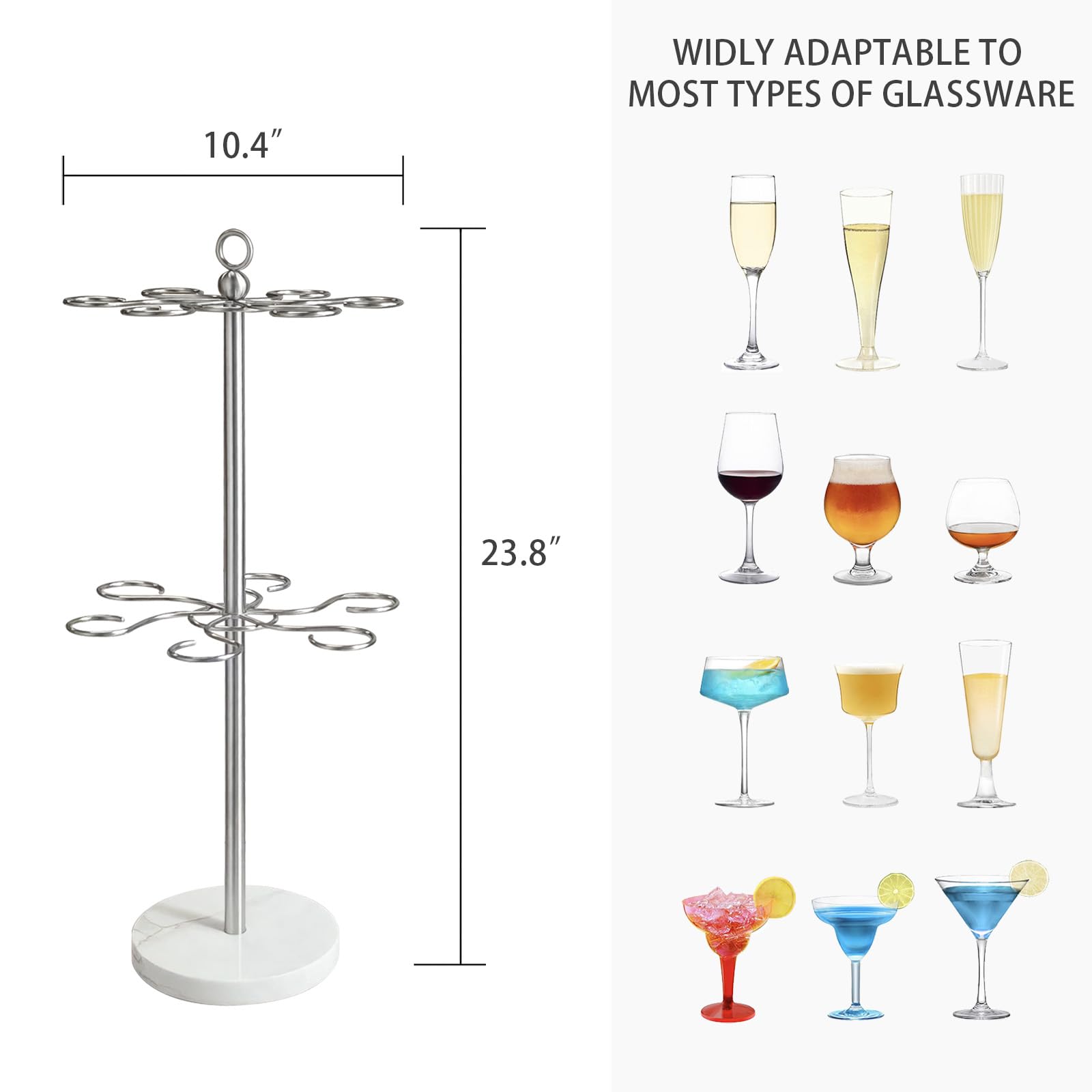 Stainless Steel Countertop Wine Glass Holder With Marble Base - 2-Tier Rack Holds 12 Glasses
