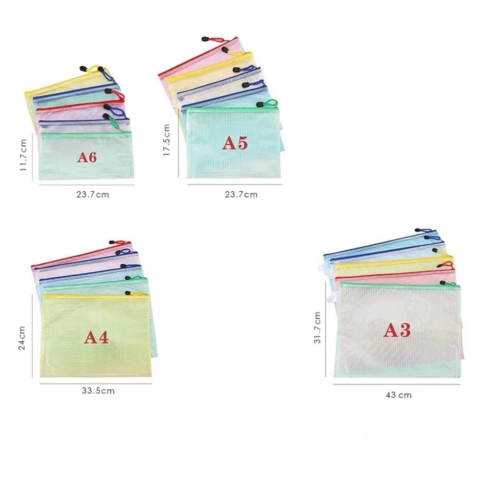 Juego de 24 bolsas de plástico para documentos, de malla, con cremallera, tamaño A3, A4, A5, A6, para oficina, escuela, almacenamiento de documentos