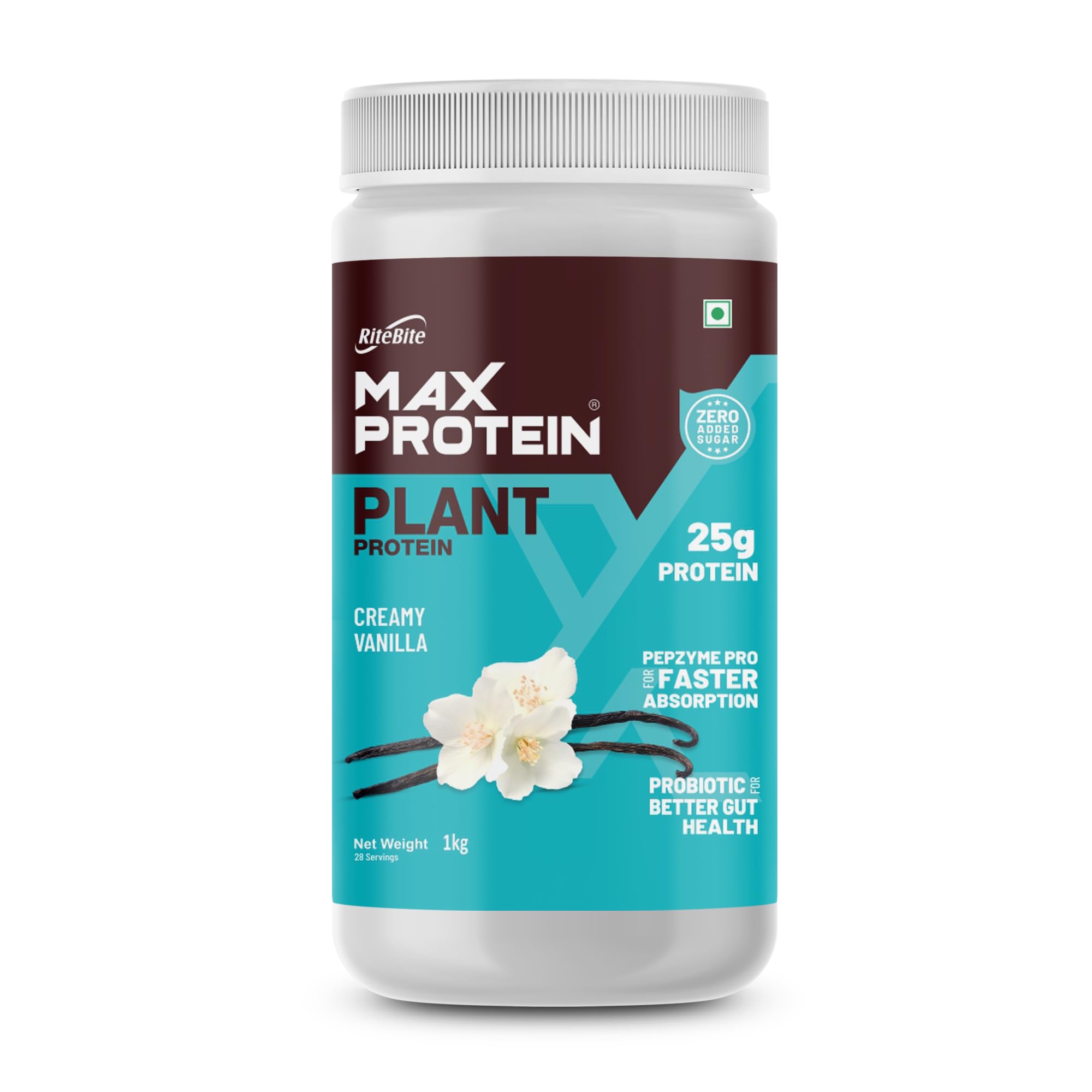 RiteBite Max Protein Plant Protein Creamy Vanilla 1kg|25g Protein| 28 Servings| Pepzyme For Faster Absorption| Probiotic For Better Gut Health|