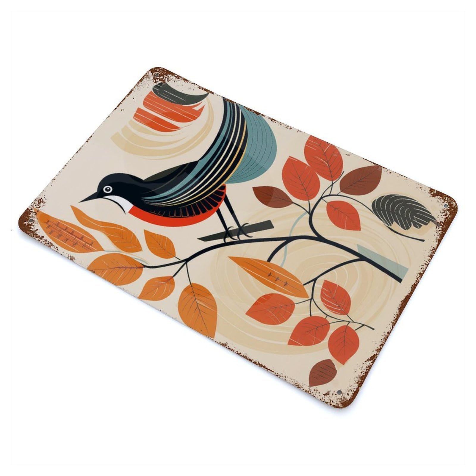Stylized Bird on Branch 11.8"x7.9" Retro Metal Sign, Industrial Home Decor for Basement, Hobby Room And Garage Decor