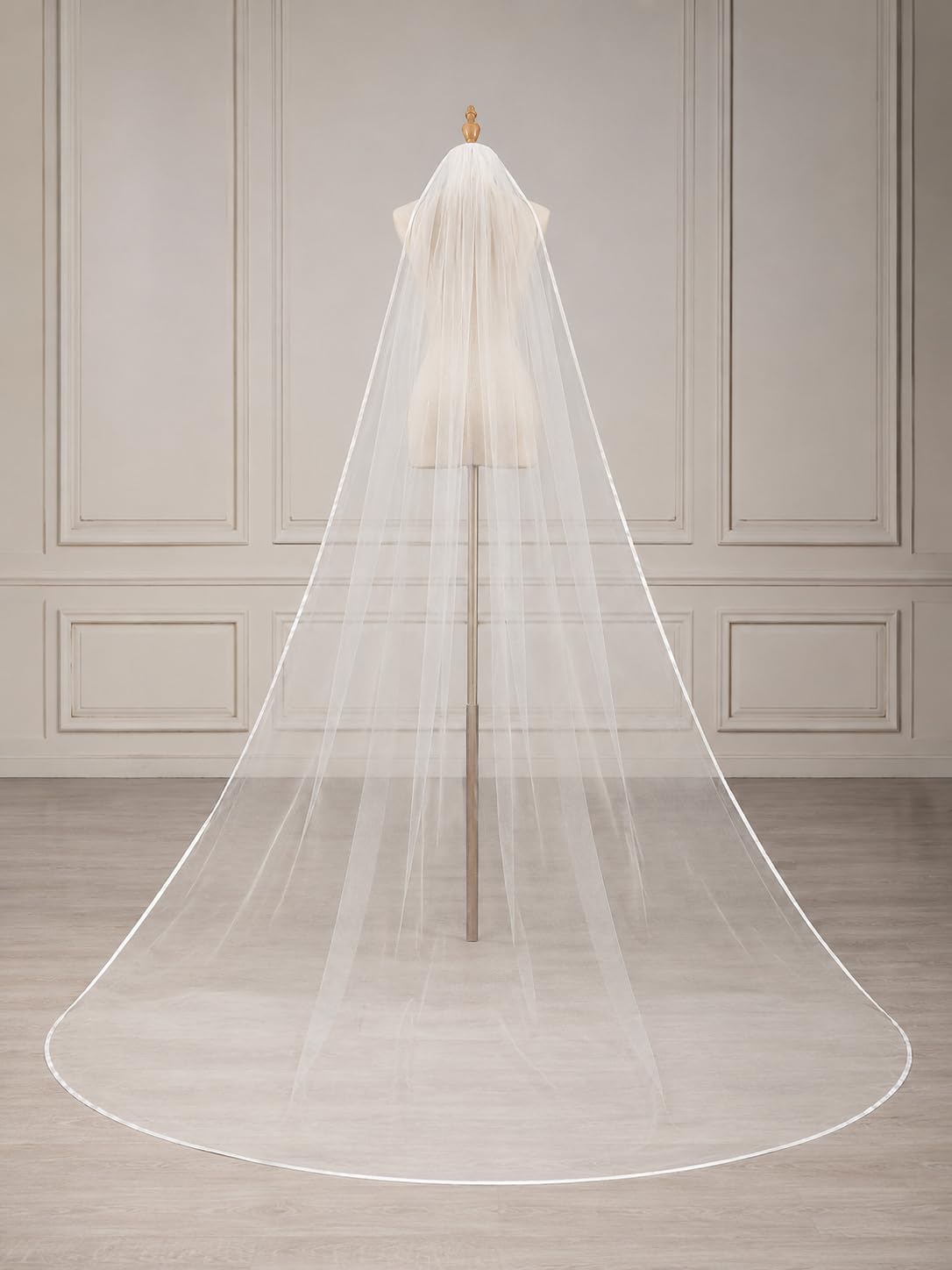 Pet-Jos Satinband Brautschleier Hochzeitsschleier Lange Kathedrale Kapelle Weiß Elfenbein Tüllschleier Eleganter Klassischer Schleier mit Kamm