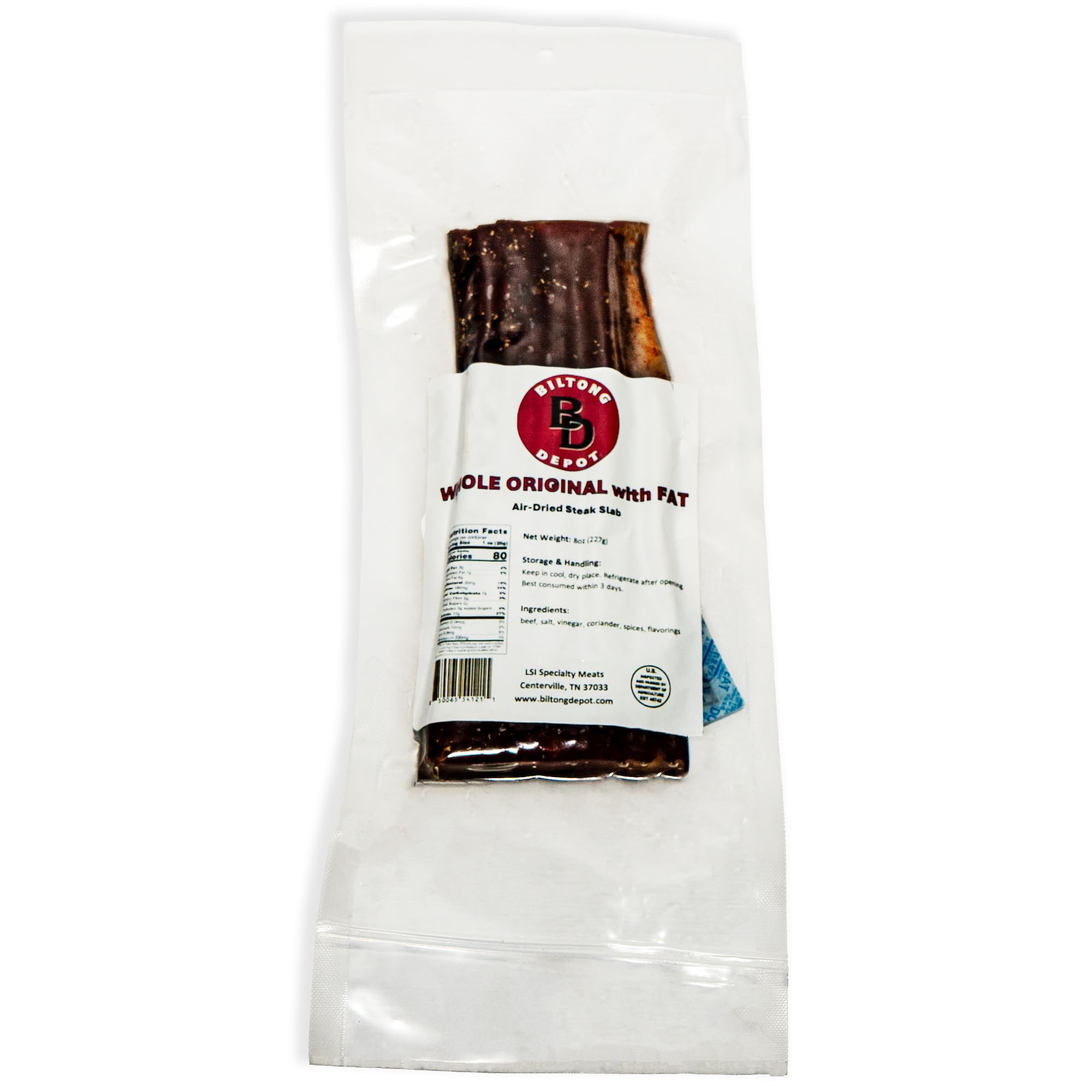 Biltong Depot Original Beef Biltong Slab with Fat – 8oz | Air-Dried Beef Jerky Snack | High Protein | Zero Sugar | Keto & Paleo Friendly | Gluten Free | No Artificial Preservatives | No MSG