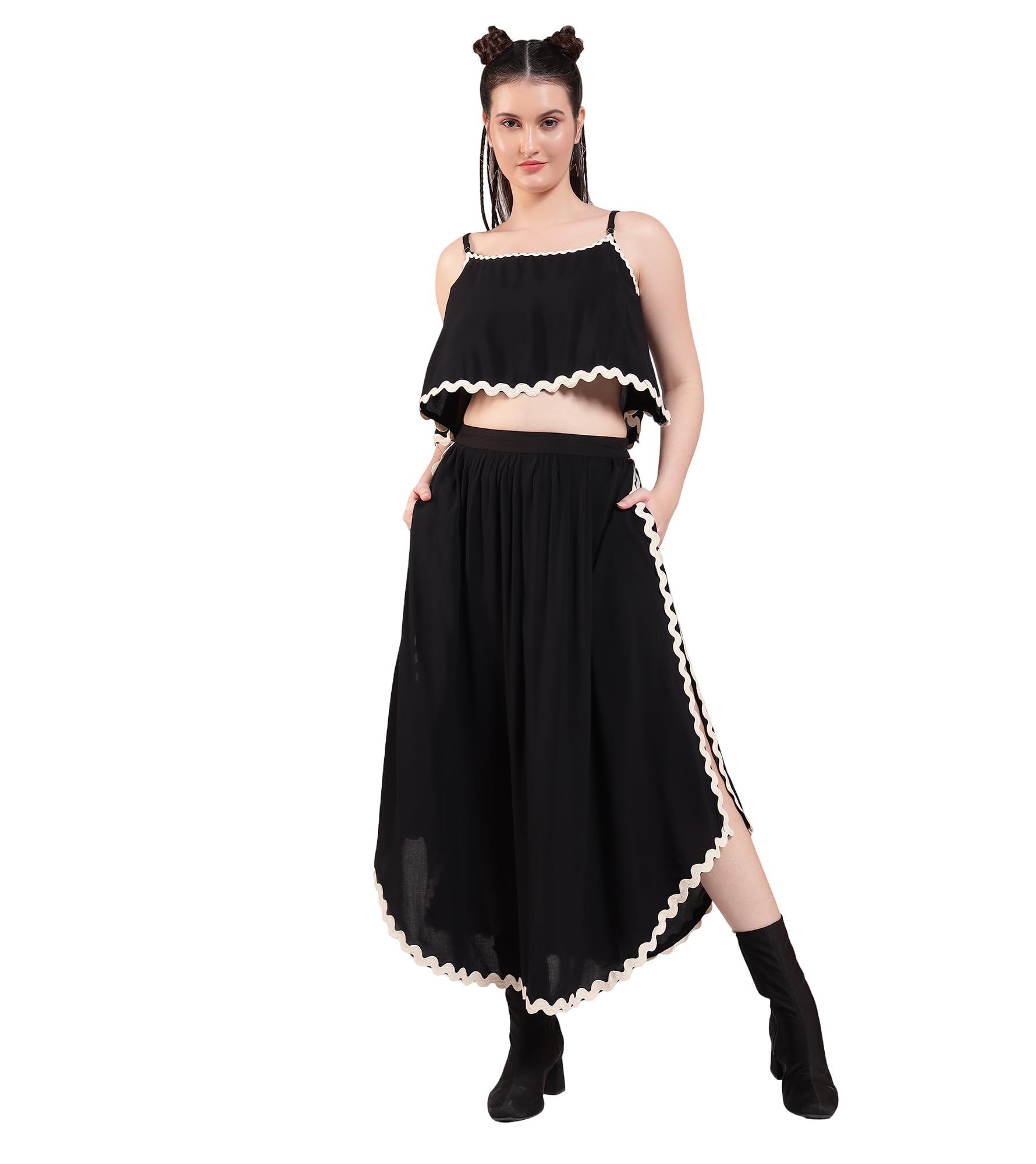 Solid Rayon Crop Top With Slit Skirt Co-Ord Set For Women's|Boat Neck Sleeveless Fit & Flare Stylish Summer Western Casual Wear Ladies Trendy Cord Set