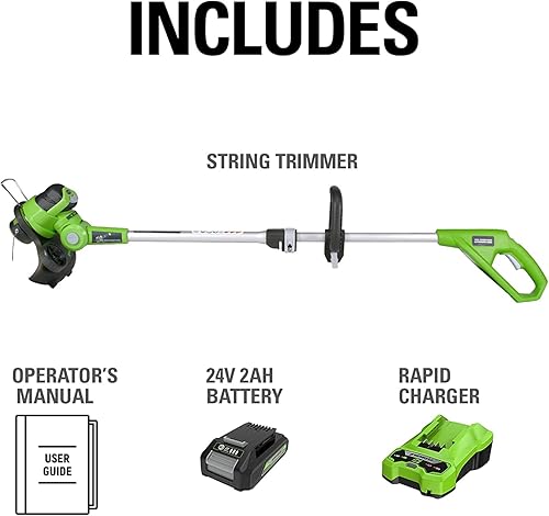 Miniatura 7 de Greenworks Desmalezadora inalámbrica de hilo de 12 pulgadas y 24 voltios incluye batería de 20 Ah y cargador