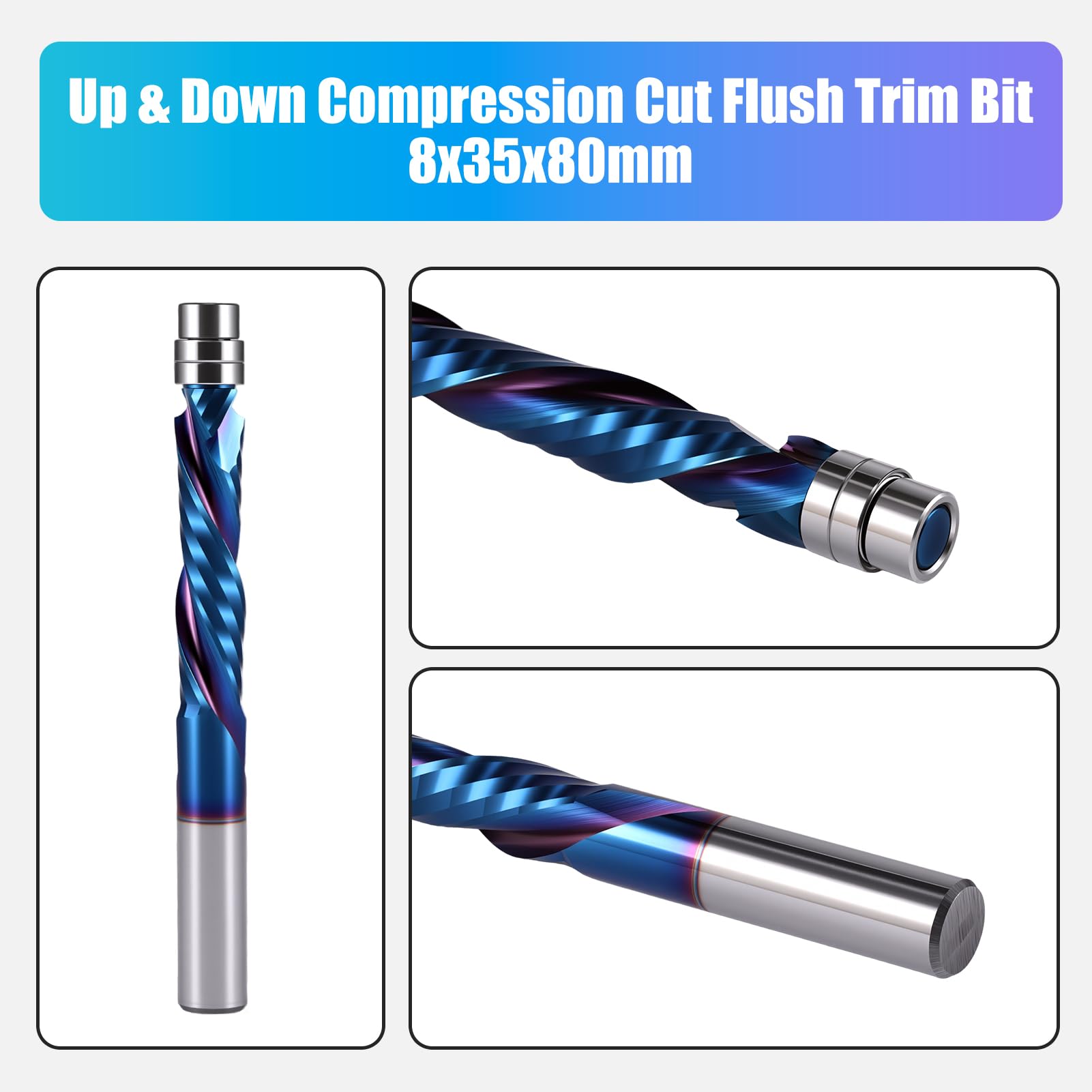 Spiral Flush Cutter 8 mm Shank, Up & Down Compression Cut Flush Trim Bit, 35 mm Schneiddurchmesser, 80 mm Schneidlänge Spiral Rilte Doppelkugellager Holzschneider