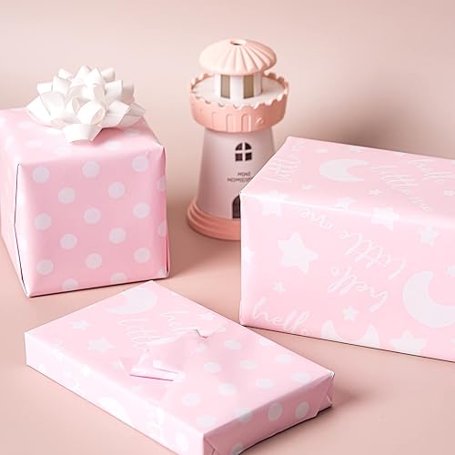 Miniatura 3 de RUSPEPA Rollo de papel de regalo reversible  Mini rollo  Patrón rosa para bebé niña, ideal para baby shower, cumpleaños, fiesta, 17.5 pulgadas x