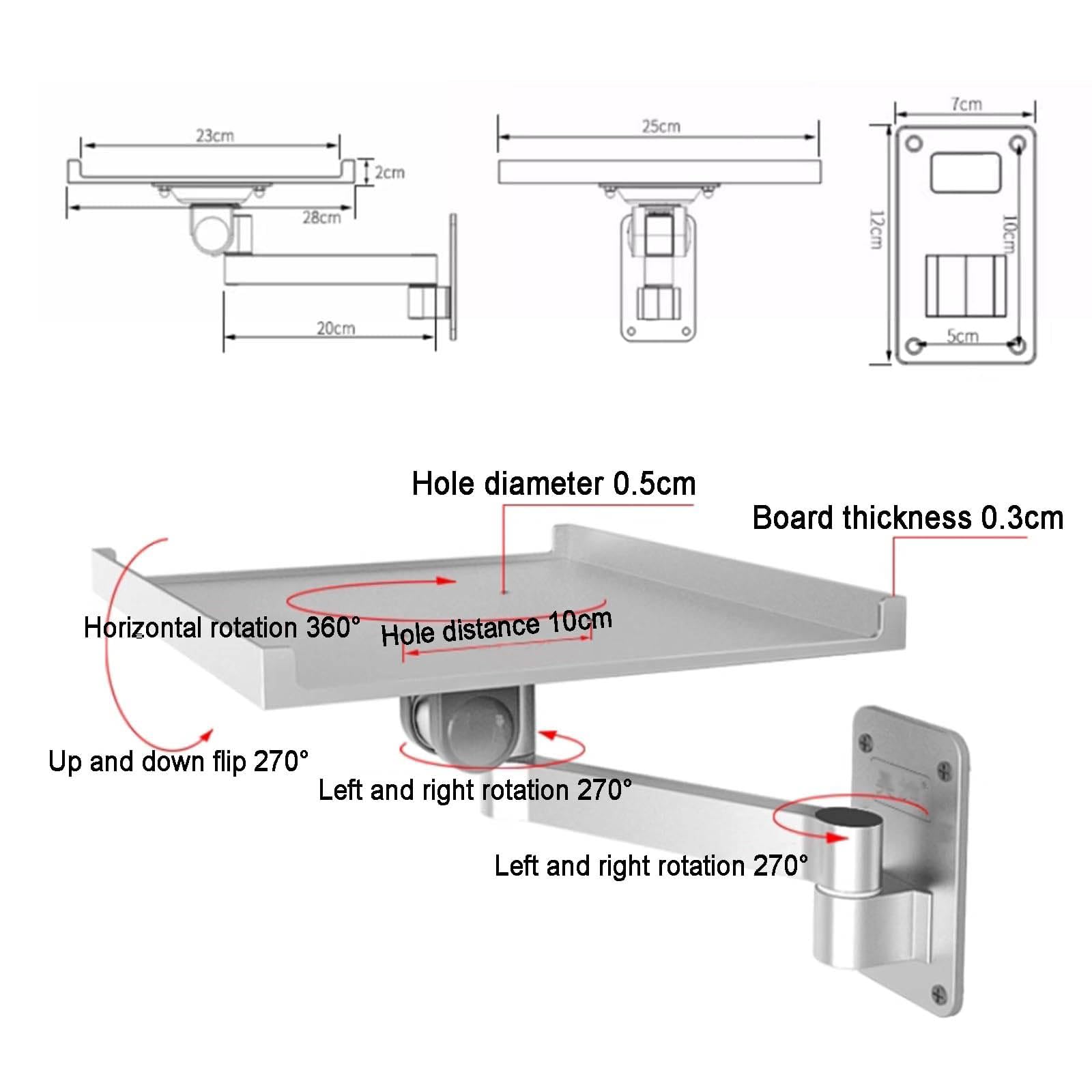 Vassoio per stampante da parete, set-top box estensibile, staffa in lega di alluminio, rotazione a 360°, ribaltamento a 270°, piattaforma, capacità di carico 10 kg, per lettori DVD e decoder via cavo
