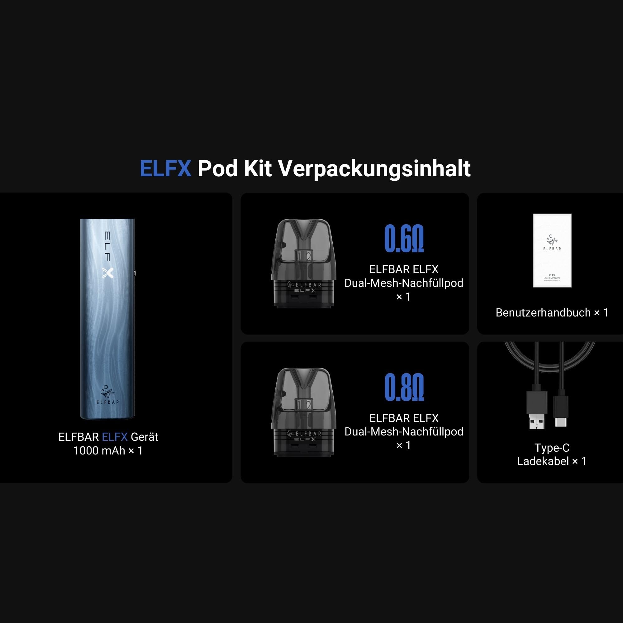Elfbar ELFX - Kit SILVER per Pod con supporto batteria 1000 mAh, Pod Mod,  dispositivo base ricaricabile