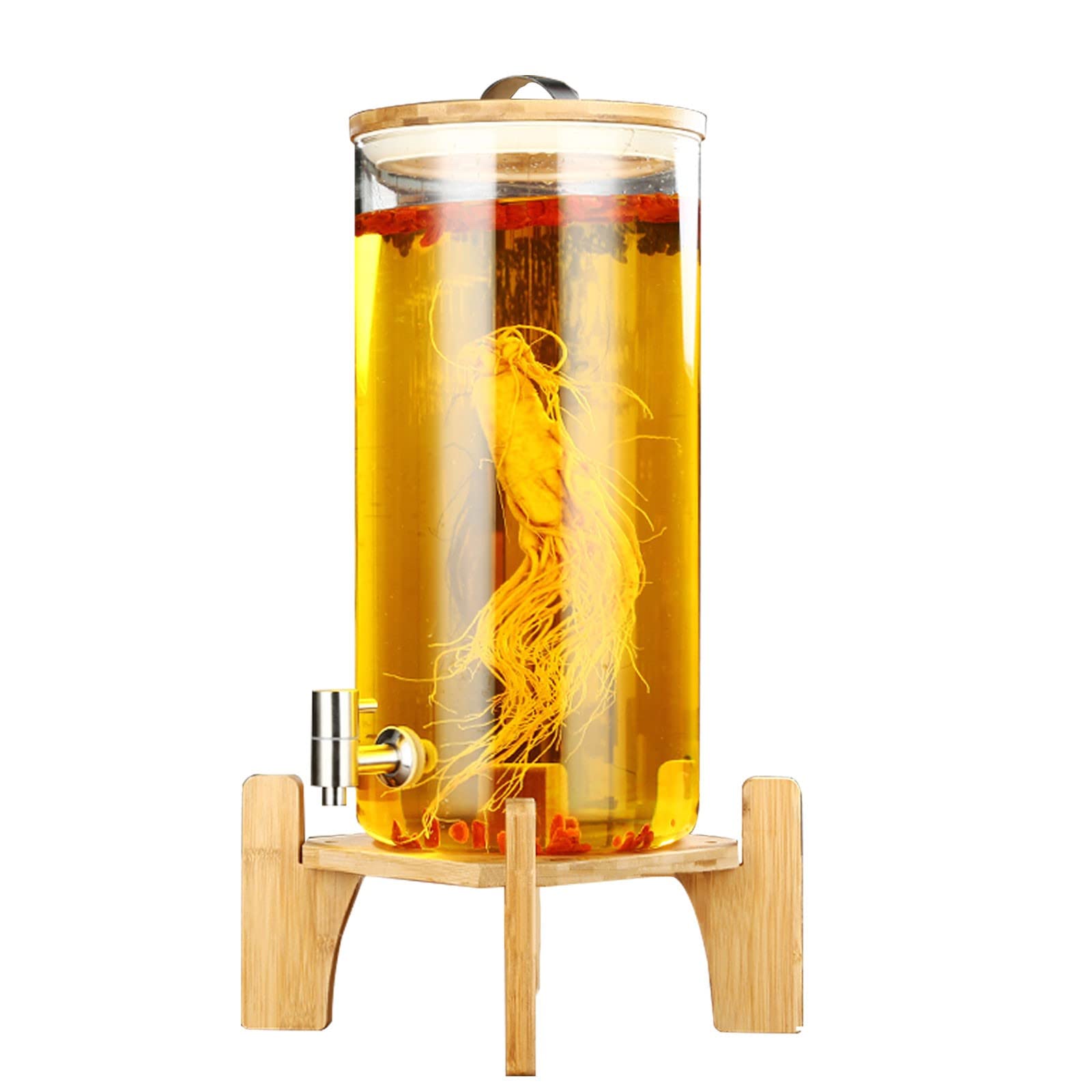 Dispenser per bevande in vetro con beccuccio in acciaio inox e supporto in bambù, dispenser per bevande calde per feste, ideale per tè, succhi di frutta, birra e vino