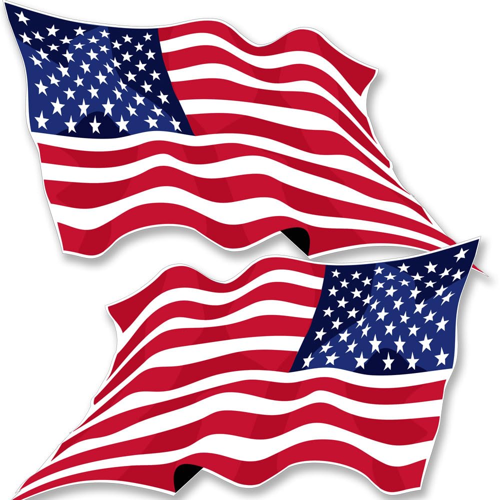 Set of 2: Waving American Flag Stickers (Mirrored Facing Left and Right US USA Reverse Wave Patriot Vinyl Decal for car Truck Laptop Cooler or RV (3 x 5 inch)
