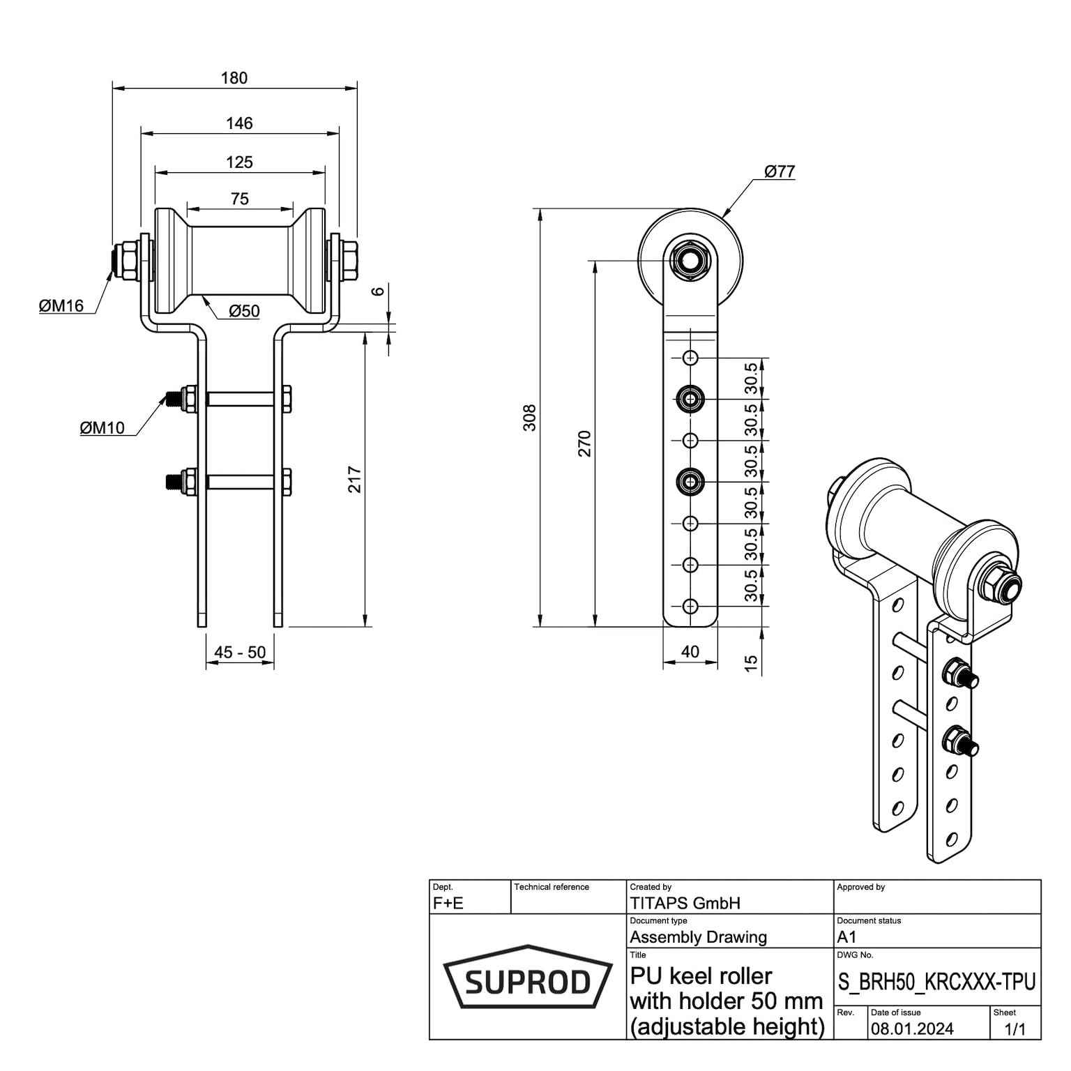SUPROD Polyurethan Kielrolle mit Halter H höhenverstellbar Bootstrailer Sliphilfe Spulenform verzinkt 125/50 mm