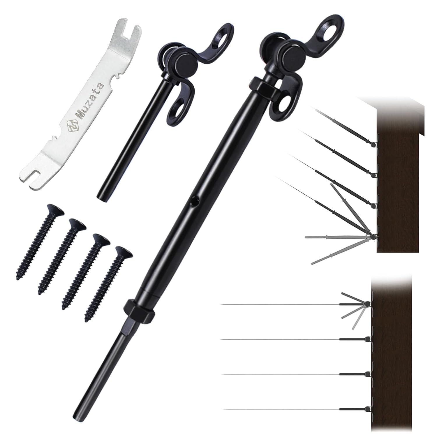 (Incomplete)Muzata 50 Pairs 1/8\" Black Cable Railing Hardware Kit Swage Toggle Turnbuckle for Wood Post T316 Stainless Steel Deck Cable Railing System Angle 180° Adjustable Stairs 100 Pack CK07