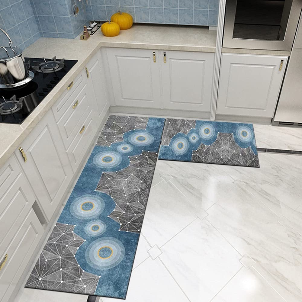 Tappeto Passatoia Cucina Antiscivolo Lavabile 90x140cm 3D Ingresso Tappeto Runner Corridoio Blu Grigio, Dimensioni Personalizzabili