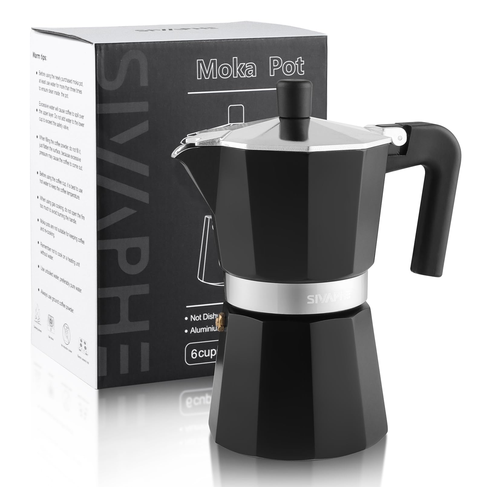 Sivaphe Cafetière à moka en aluminium, 6 tasses à expresso, percolateur et cafetière, cafetière italienne et cubaine portable pour la maison et le camping, noir