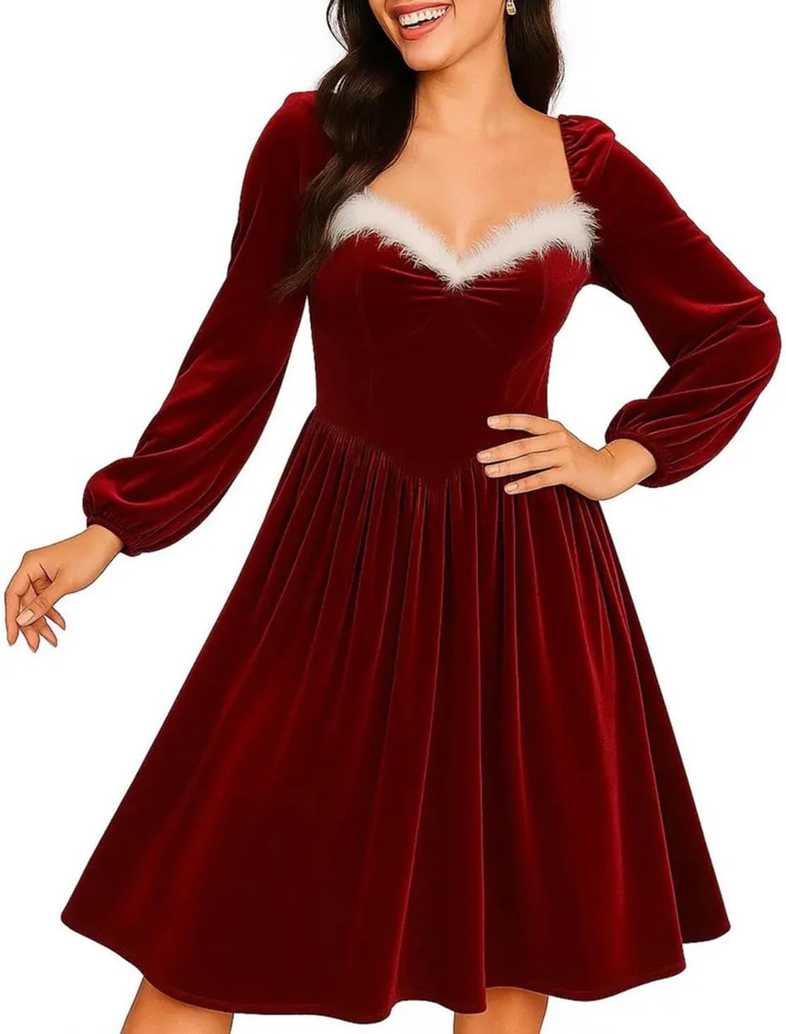 Velvet Feather Bridesmaid Dress 2025 V Neck Long Sleeve Christmas Dress Midi Evening Party Dresses