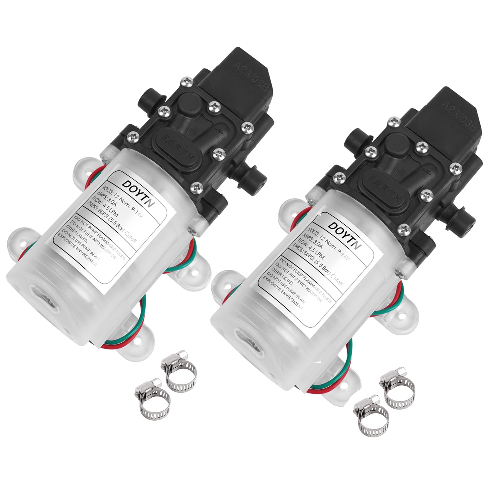 12V DC Fresh Water Pump with 2 Hose Clamp 12 Volt Diaphragm Pump Self Priming Sprayer Pump with Pressure Switch 4.5 L/Min 1.2 GPM 110 PSI Adjustable for RV Camper Marine Boat La Transparent color (2)