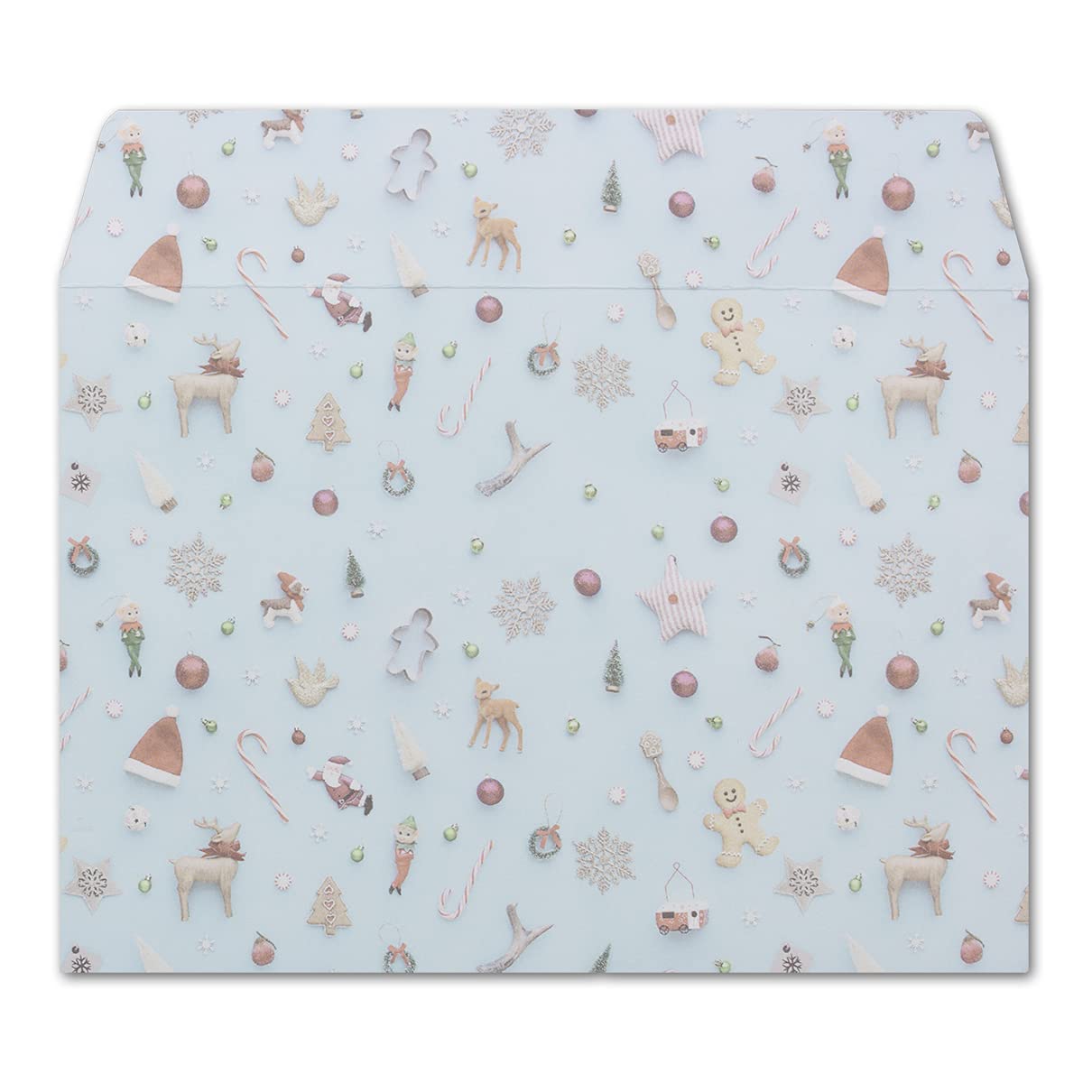 1000 x koperty DIN C6 w kolorze jasnoniebieskim z choinką i zimowymi symbolami – samoprzylepne z paskami do odrywania – 114 x 162 mm – 80 g/m² – koperty bożonarodzeniowe z motywem dla firm i