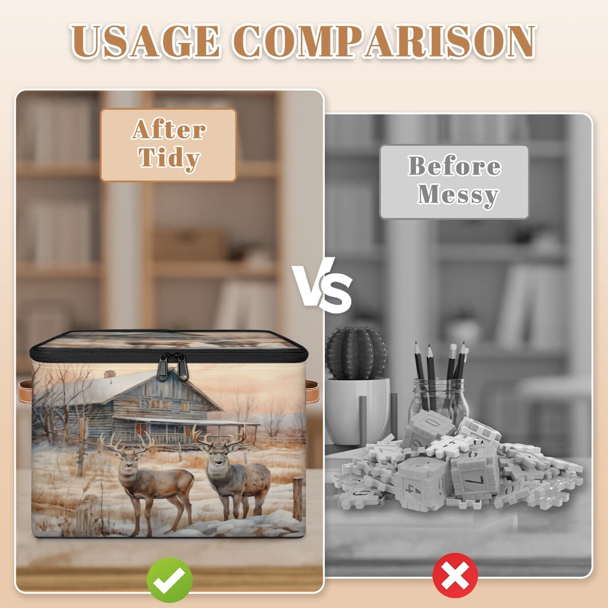 Storage Bin Set of 2 Wild House Deer Storage Basket with Zipper Lid & Handle Foldable Closet Shelf 2 Pack Cloth Organizer Basket Cube Bins Clothes Organizer for Bedroom, Nursery