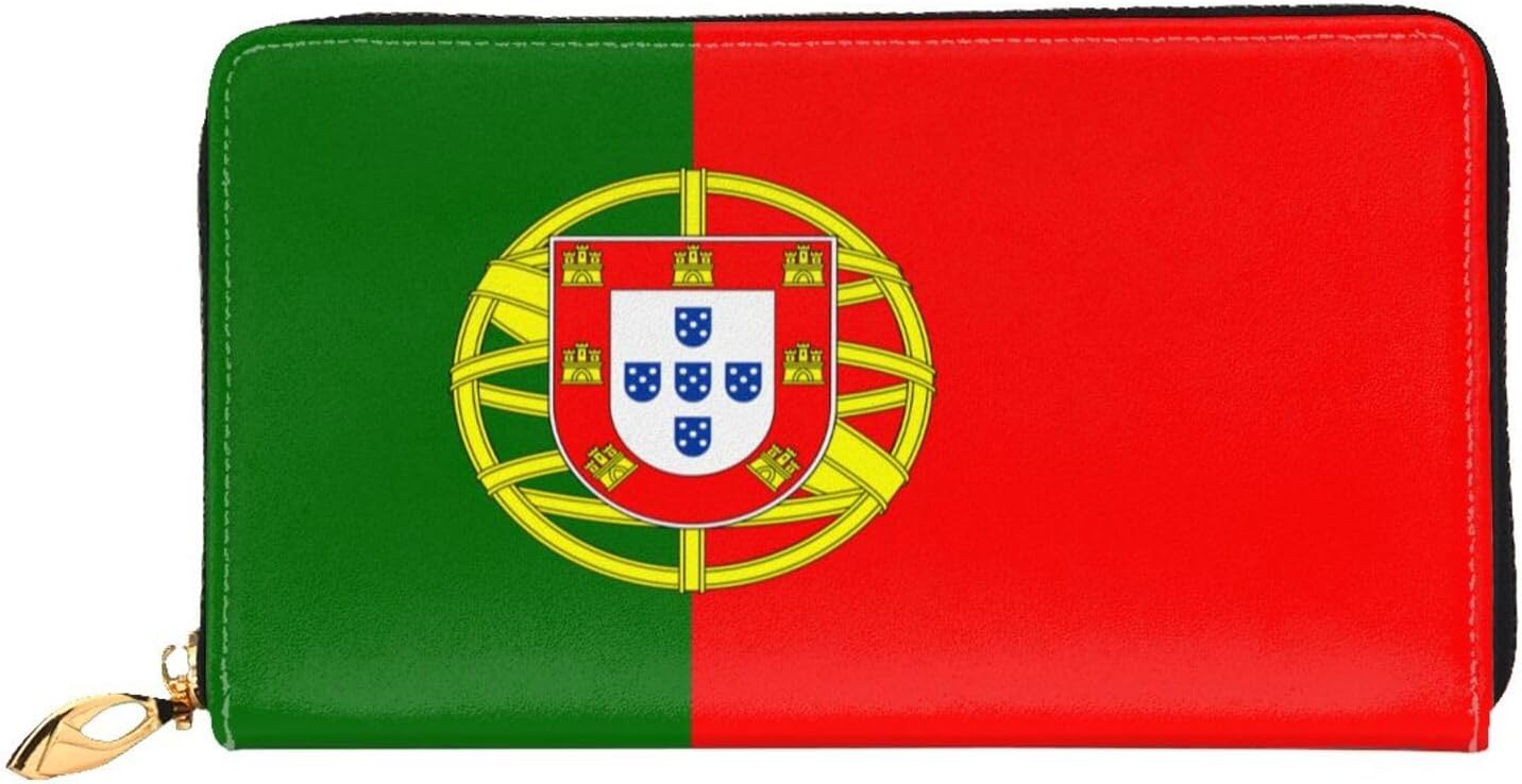 Portuguese flag Long Zip Around Wallet for Women, Large Capacity RFID Leather Wristlet Wallet with 12 Card Slots Coin Purse, Fashion Clutch Purse with Wrist Strap