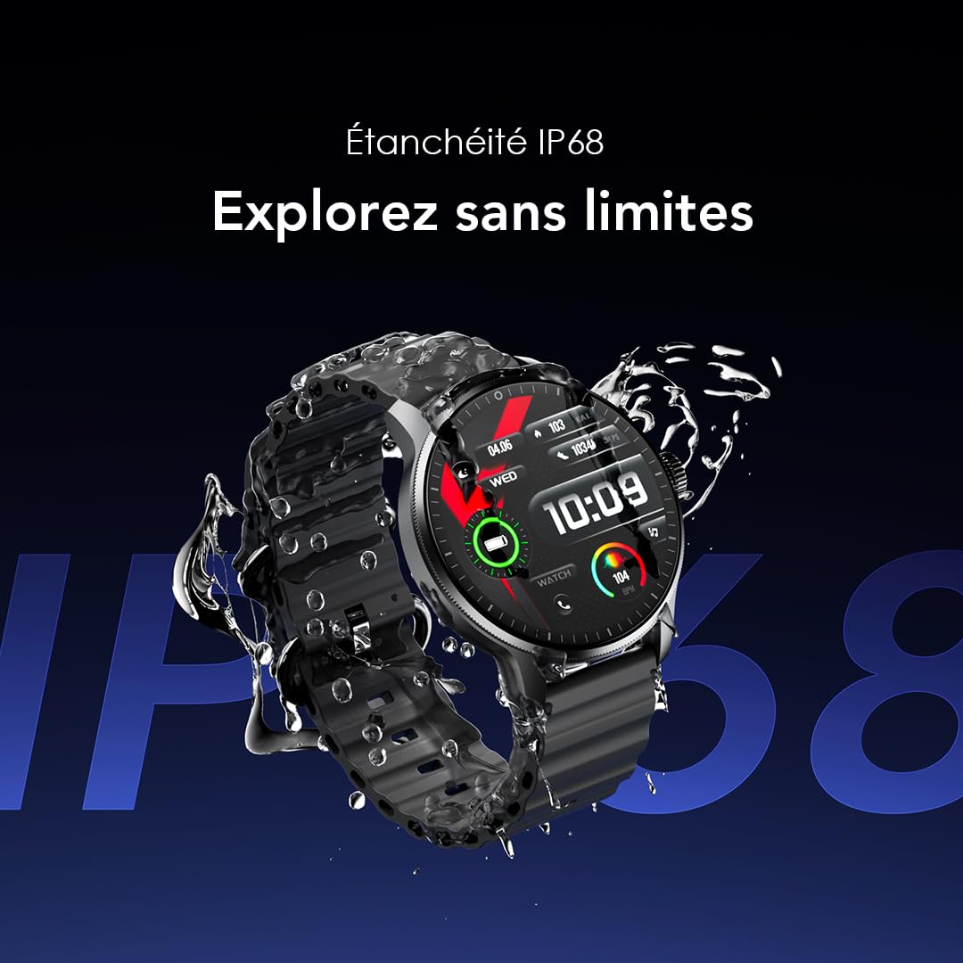 oraimo Montre Connectée Écran AMOLED 1,43 Pouce Appels Bluetooth 5.3 Batterie 11 Jours Suivi Rythme Cardiaque SpO2 Étanche IP68 Mode Sport Homme Femme Notification Android 6.0 iOS 11 Noir