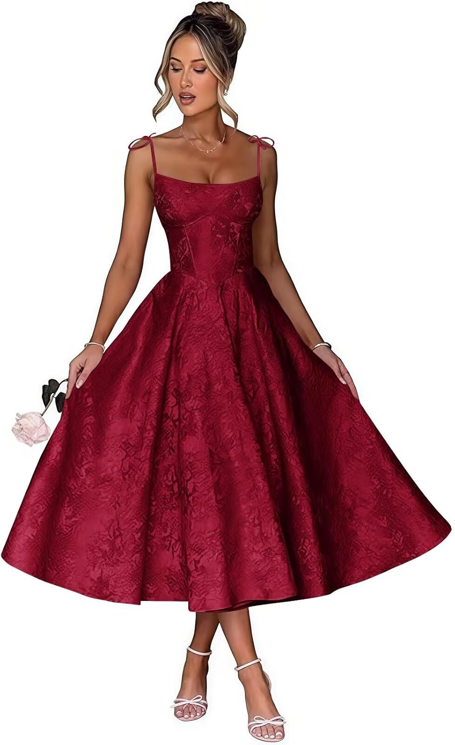 Jacquard Floral Satin Prom Dresses for Women 2026 Bow Spaghetti Straps A-Line Midi Formal Evening Party Gown