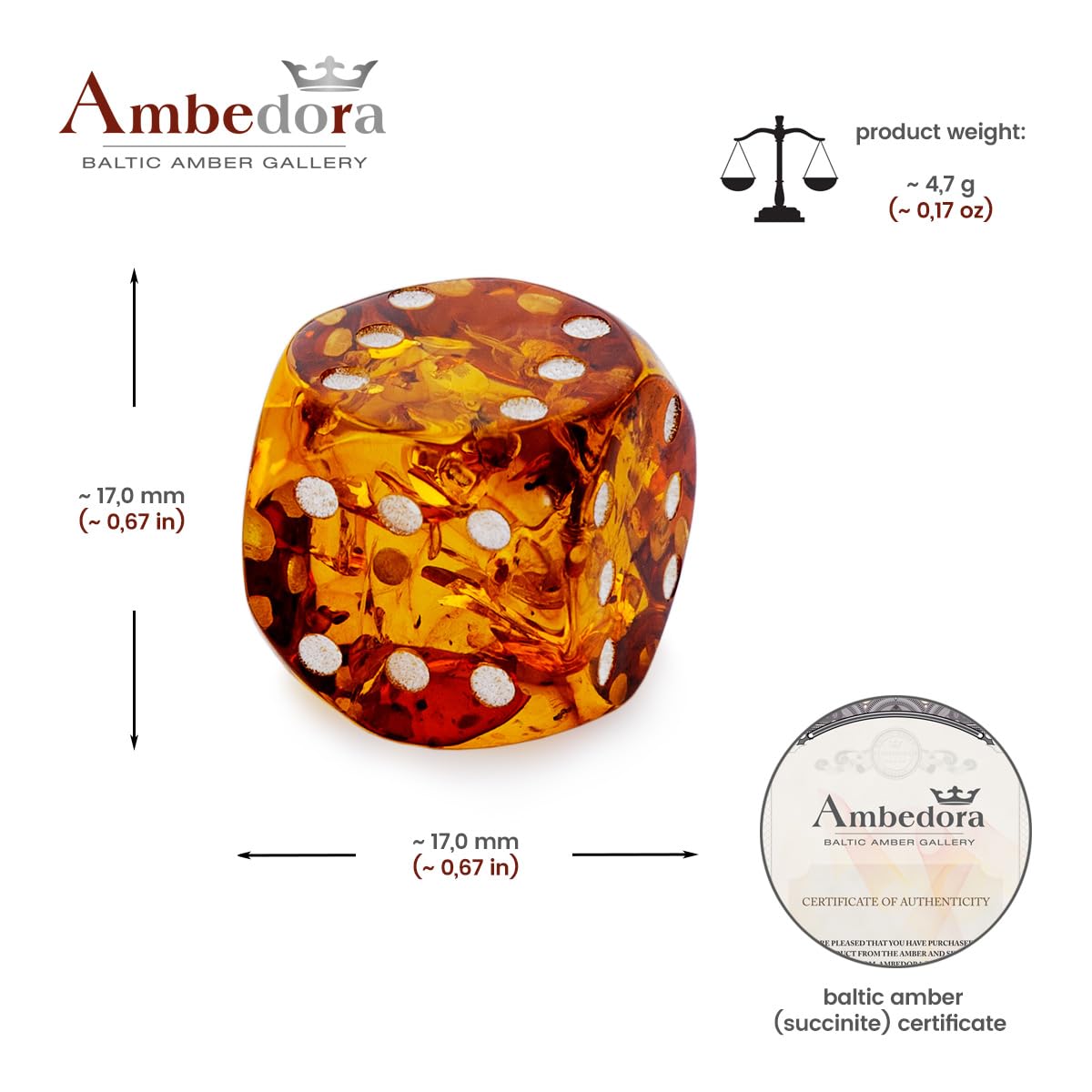 Cubo de la suerte de ámbar 6 ojos en cada lado 17 x 17 mm coñac ámbar báltico regalo único