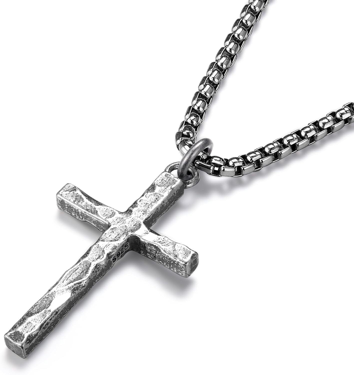 925 Sterling Silver Cross Necklace Men – Oxidized Sterling Silver Cross Pendant with Stainless Steel Box Chain Vintage Unique Crucifix Necklaces Silver Jewelry for Mens Women 18-26 Inches