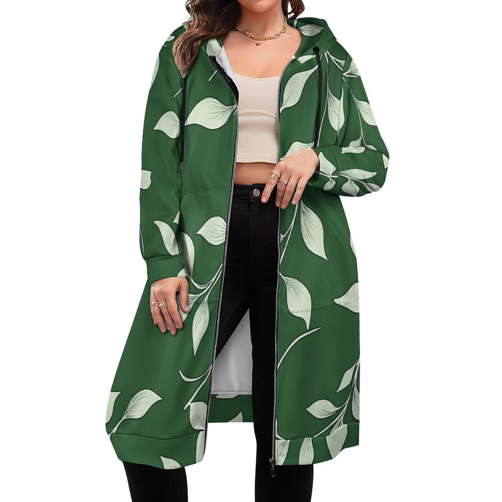 Felpa Donna con Zip Felpe Sportiva con Tasche E Cappuccio Motivo A Foglia Bianca Morbida Invernale Giacca Regolabile Confortevole per Uso Quotidiano Casual