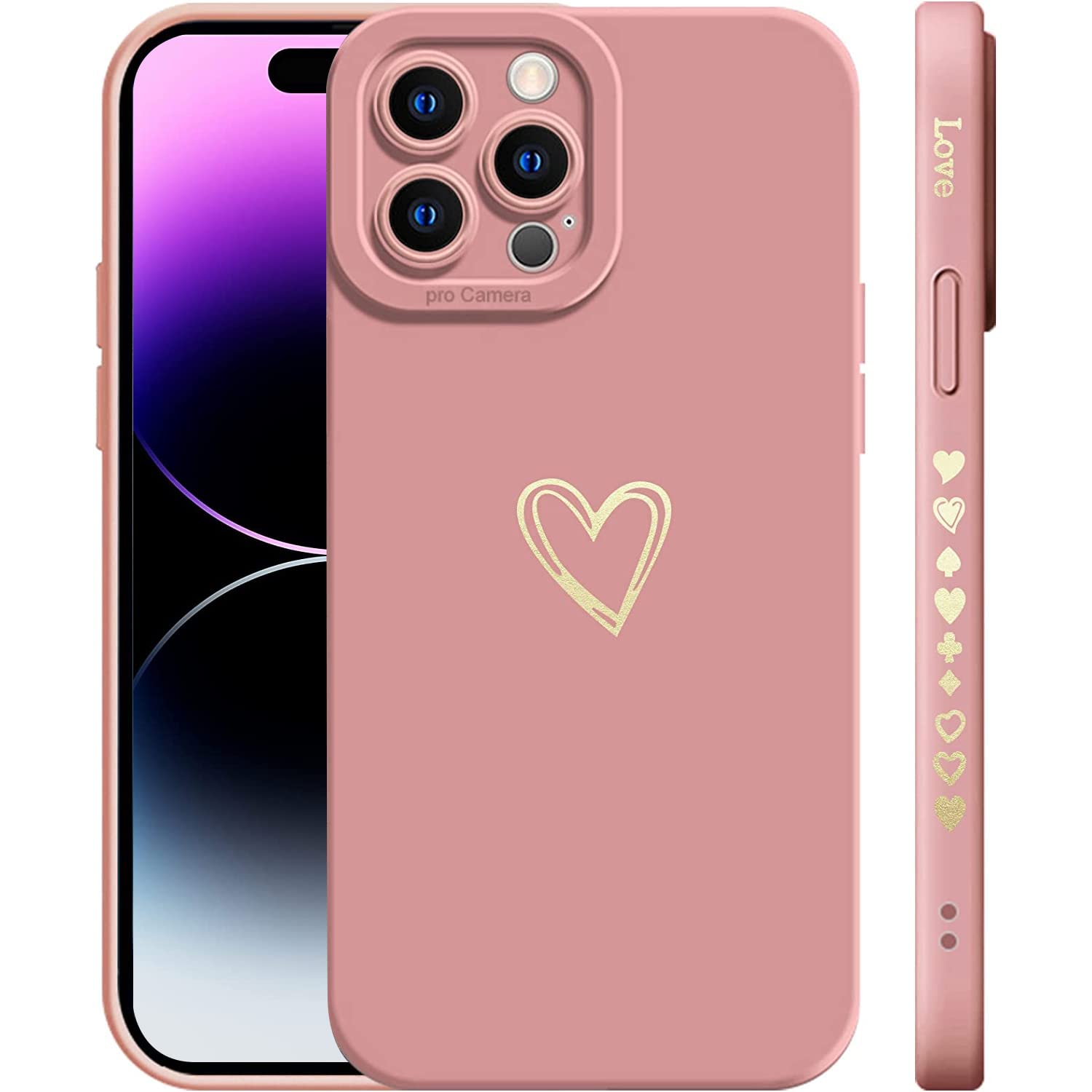 T Tersely Compatible with iPhone 14 Pro Max Case Luxury Gold Heart Pattern Soft Liquid Silicone Shockproof Case for Women Girls Side Cute Plated Heart Pattern Slim Phone Case (Pink)