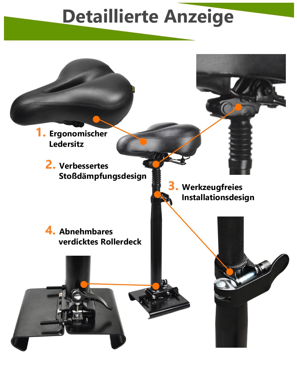 Asiento de scooter eléctrico solo compatible con estribo curvado de 13 – 18 cm de ancho, sillín acolchado, plegable, resistente a los golpes, altura ajustable de 55 – 68 cm, patinete para adultos e
