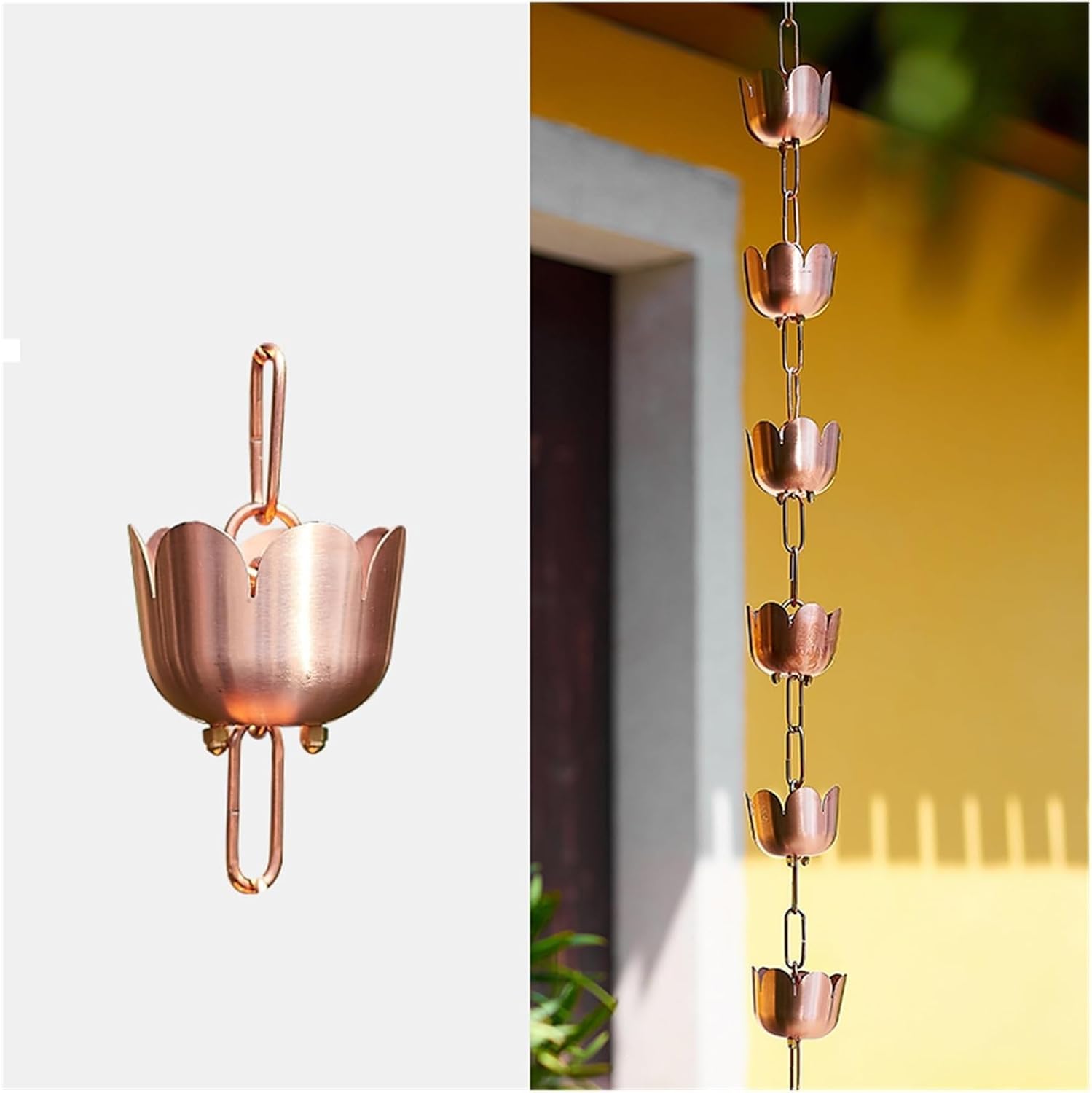 WOTZOV Copper Rain Gutter Chain Divert Water, Petals Shape Rainwater Collector Cups For Eaves Drainage, Customizable Length Rain Catcher Chain，2.4m/8ft