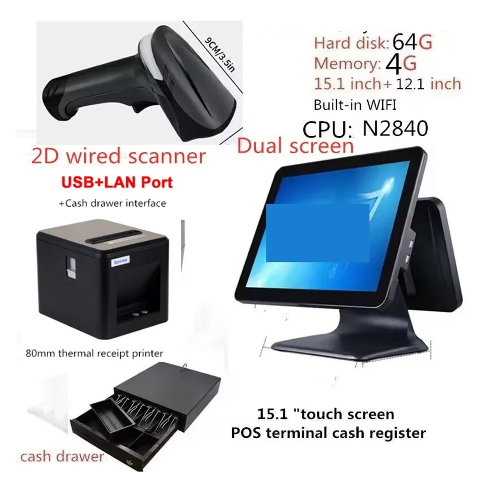 Registratori di cassa, Attrezzatura for registratore di cassa Cassetto scanner stampante termica da 80 mm Touch WIFI integrato 15,1 pollici