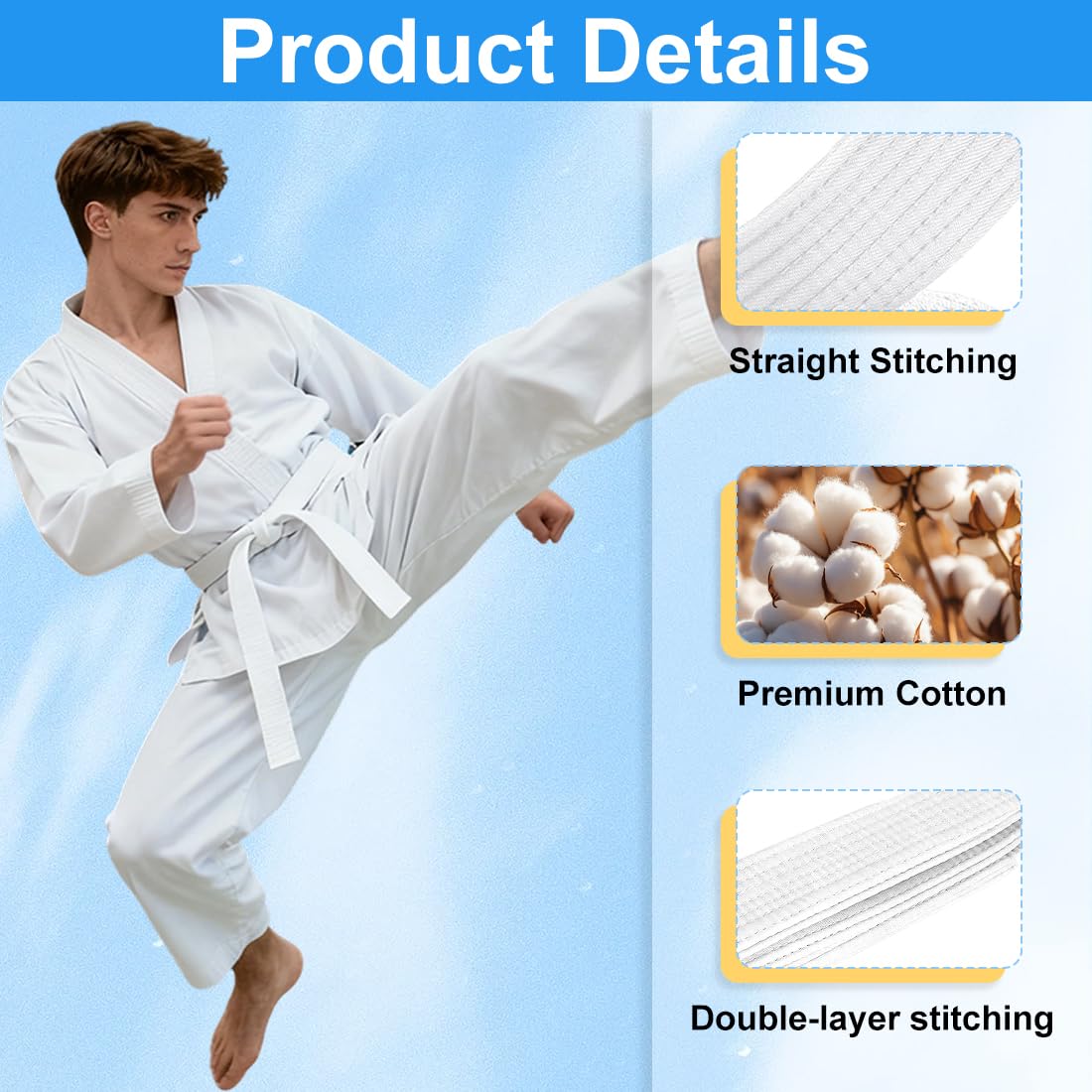 Judo Ceinture Karate, Ceinture de Taekwondo Blanc, Judo en Coton 220 cm, Ceinture d'arts martiaux, pour l'Entraînement et la Compétition, pour enfants et adultes