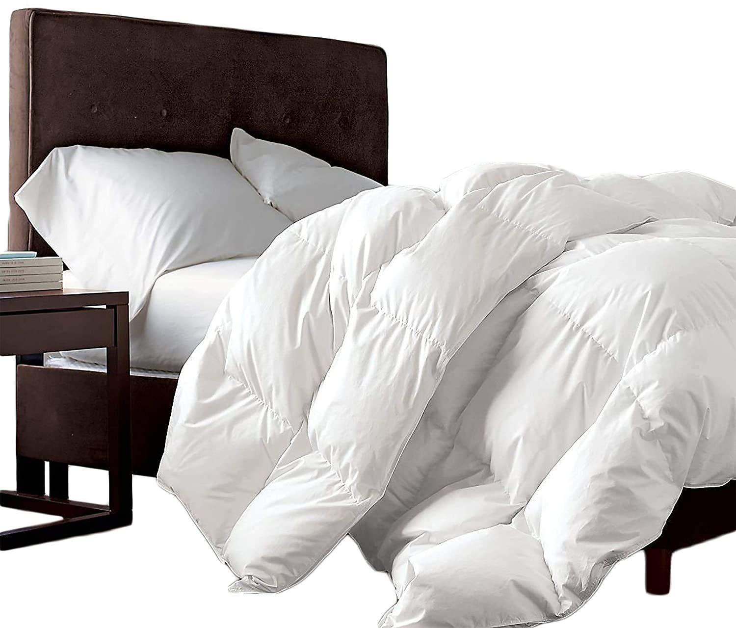 EGYPTIAN BEDDING Luxurious Full Size Goose Down Fiber Waterfowl Feather Fiber Comforter Duvet, 100% Cotton Cover, 45 oz. Fill Weight, Baffle Box Design, White Solid