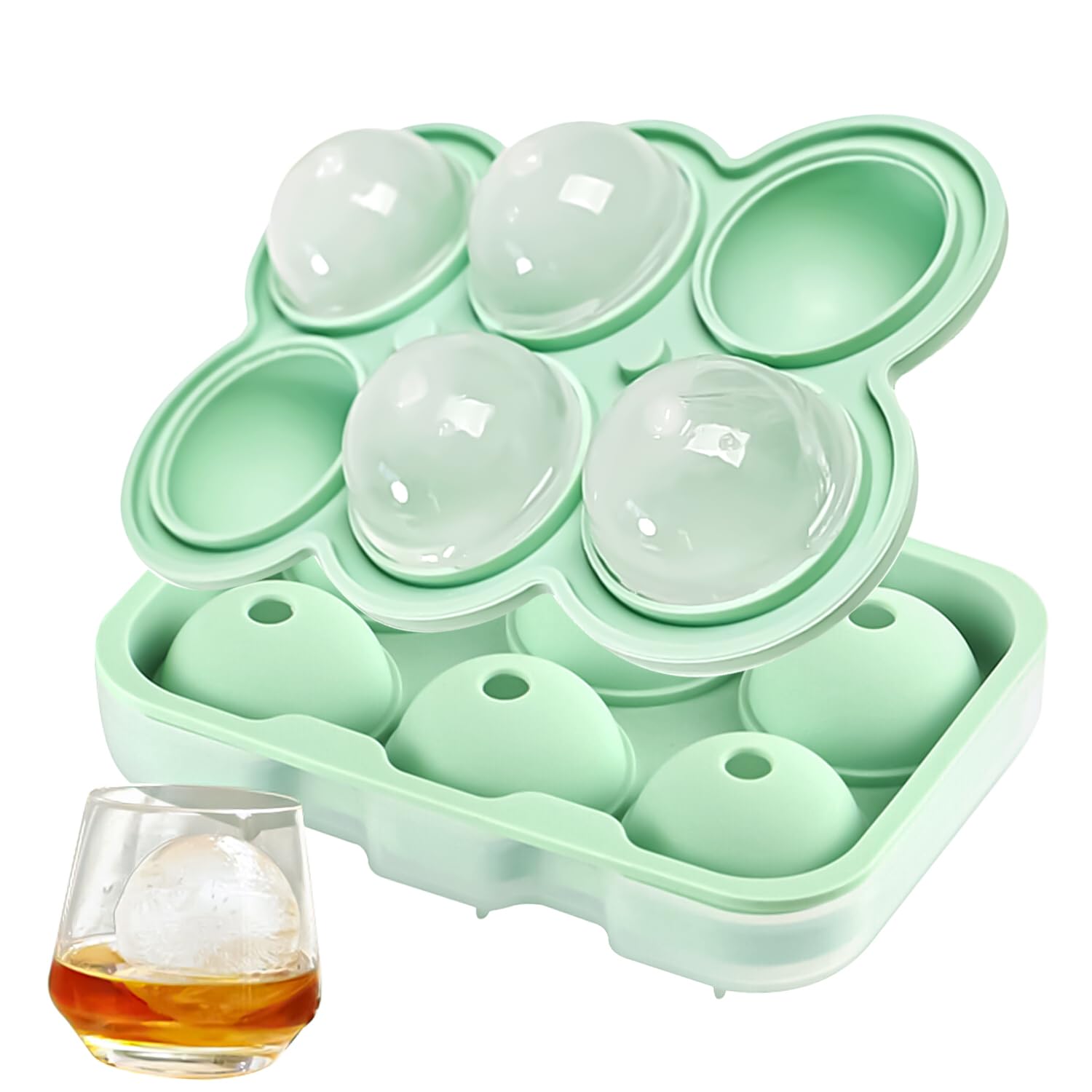 QELEG Large Ice Ball Maker with Lid, 2.2 inches Big Cubes, Easy Release Silicone Ice Cube Trays for Freezer, Perfect Spheres Craft Ice Maker for Whiskey, Cocktails, Gifting, Green, 1pcs/6 Sphere